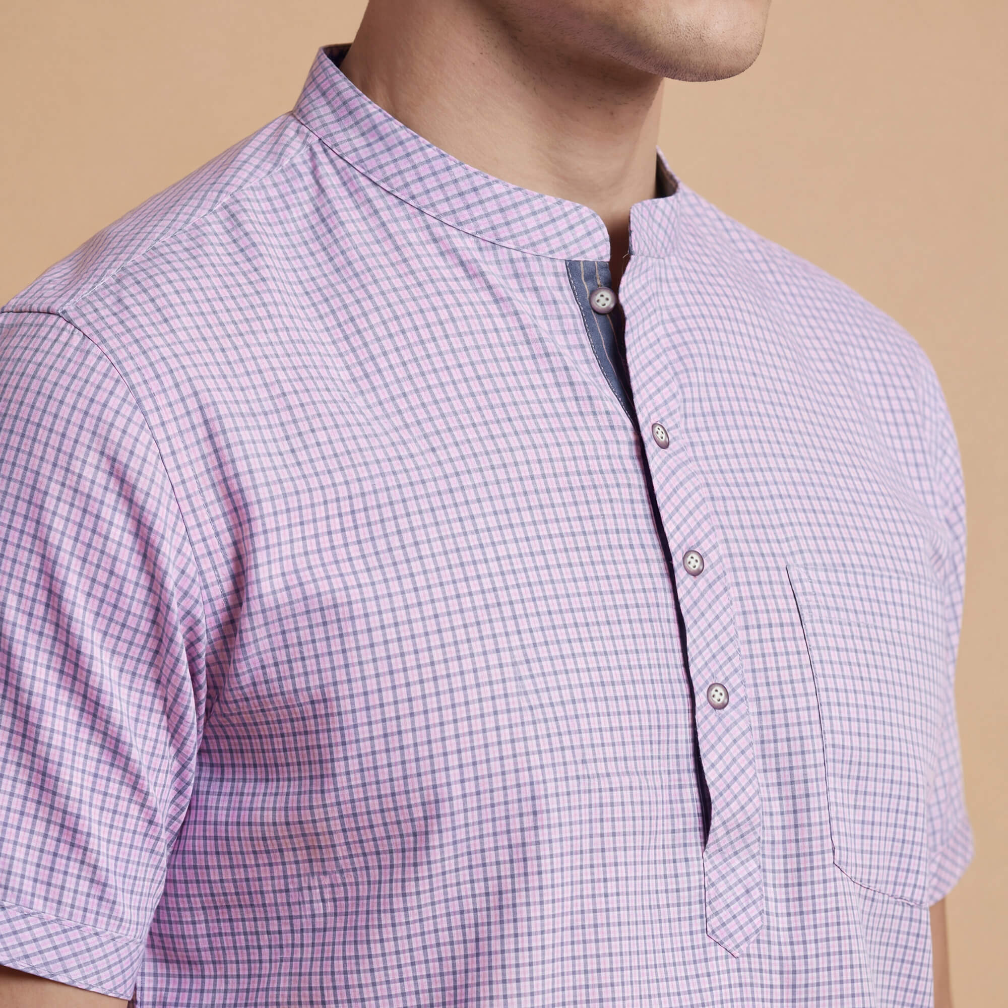 Pink with blue small checks cotton blended men half sleeves short kurta - Image 5