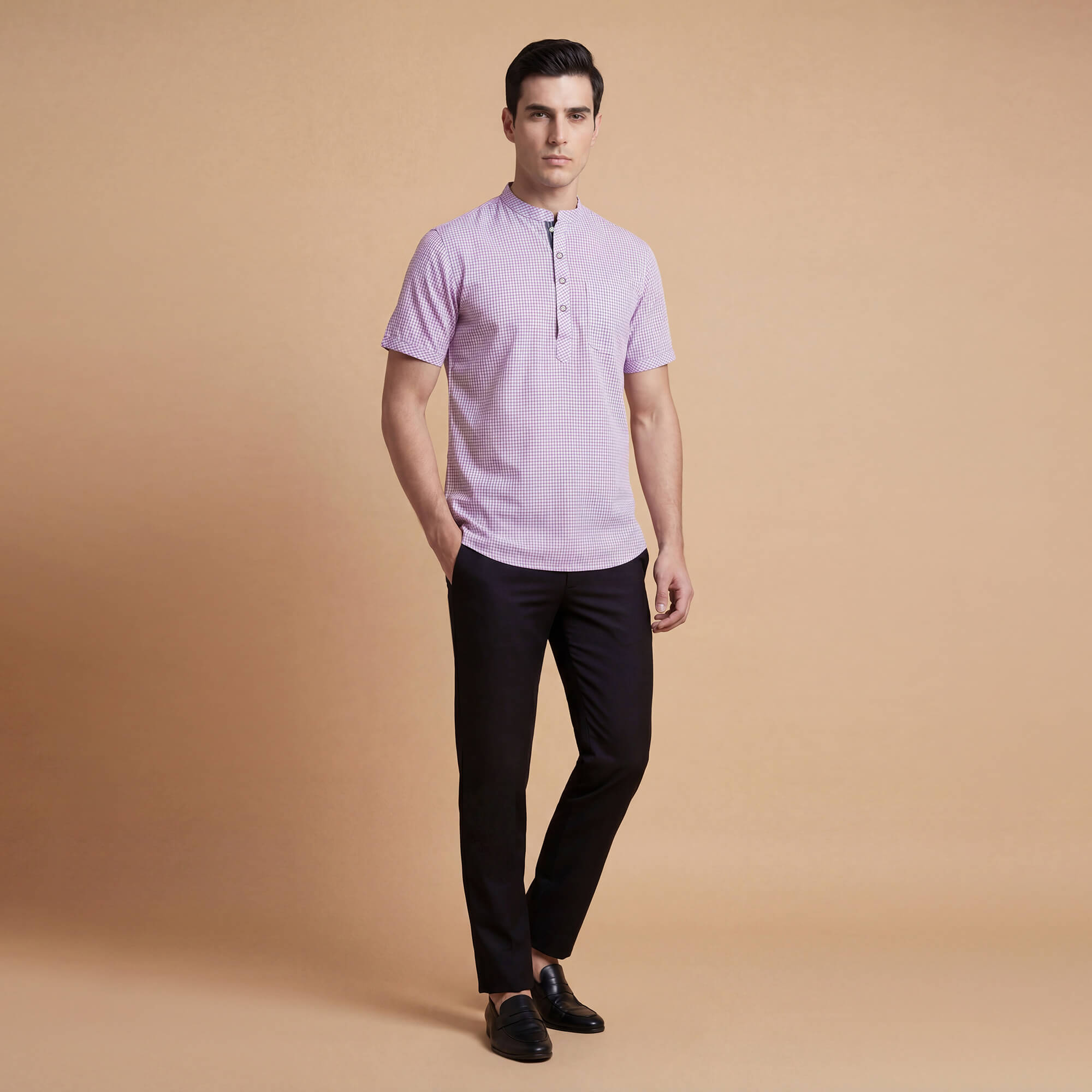 Pink with blue small checks cotton blended men half sleeves short kurta - Image 6