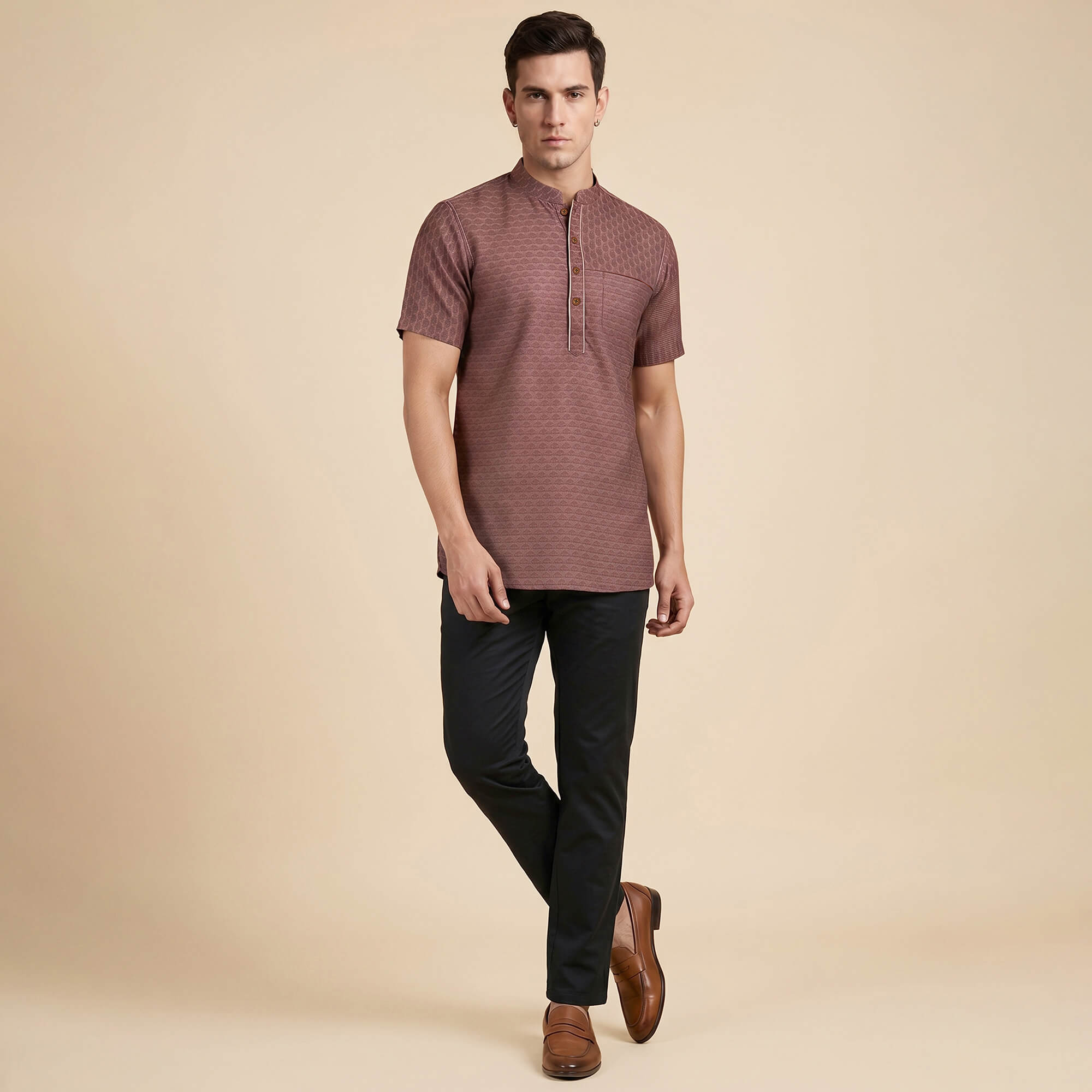 Brown jucquard printed cotton blended men half sleeves short kurta - Image 5