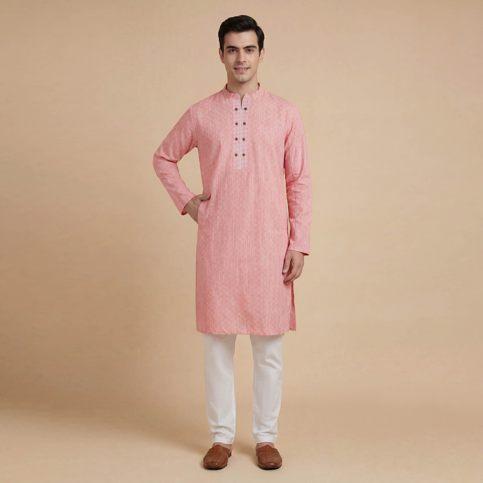 Pink dobby weave cotton men long kurta - Image 6