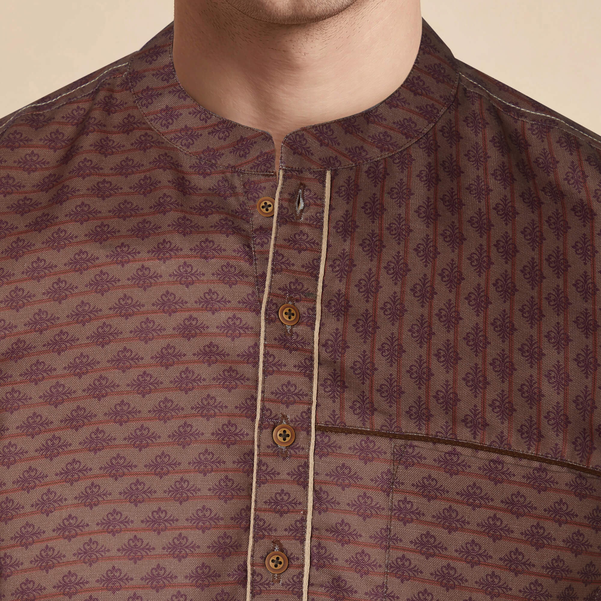 Brown jucquard printed cotton blended men half sleeves short kurta - Image 6