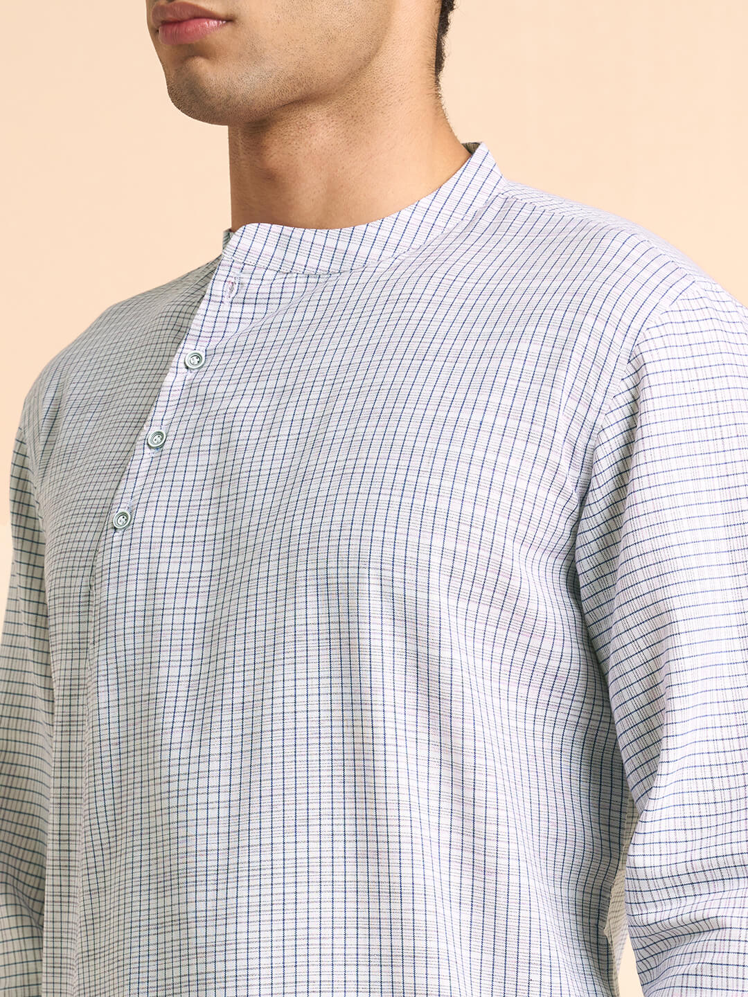 White blue broken checks cotton cross button placket men long kurta - Image 4