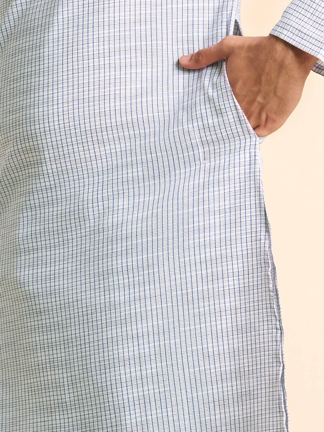 White blue broken checks cotton cross button placket men long kurta - Image 7