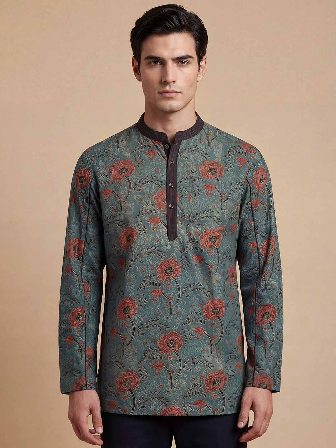 Grey color cotton ajrakh veg dye hand block printed men short kurta
