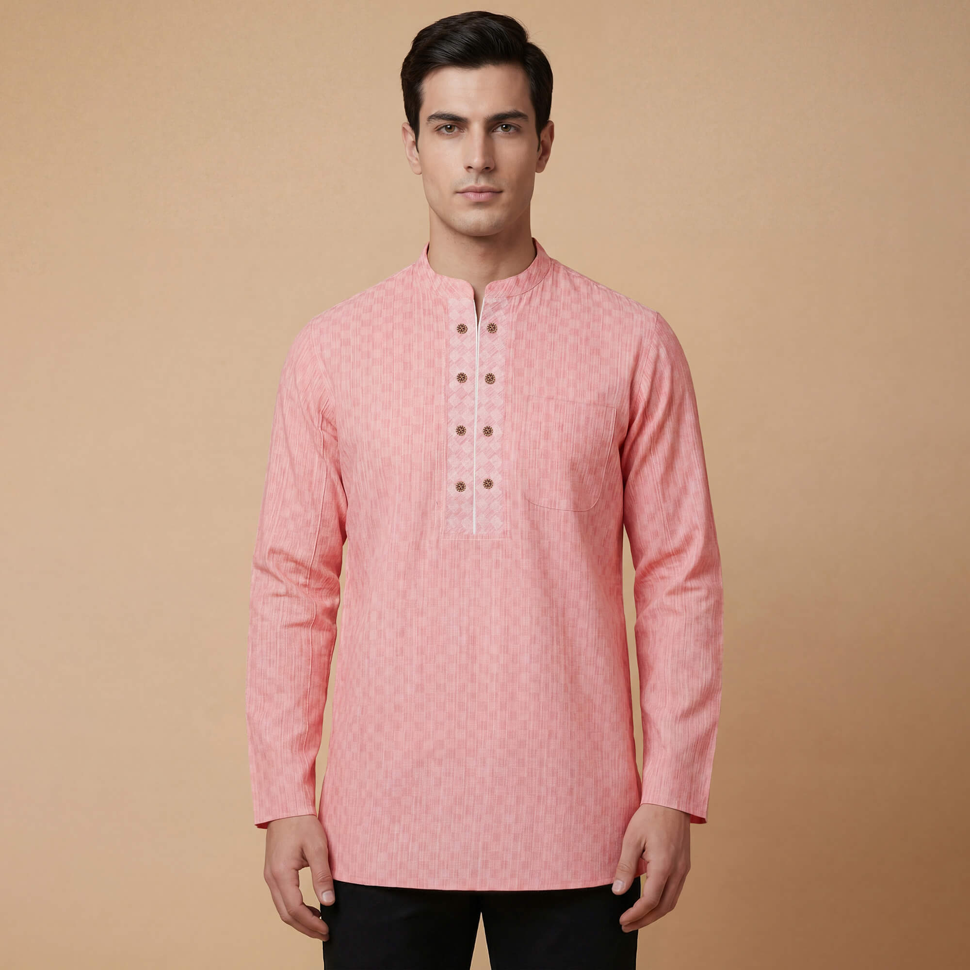 Pink peach cotton blended dobby texture men short kurta