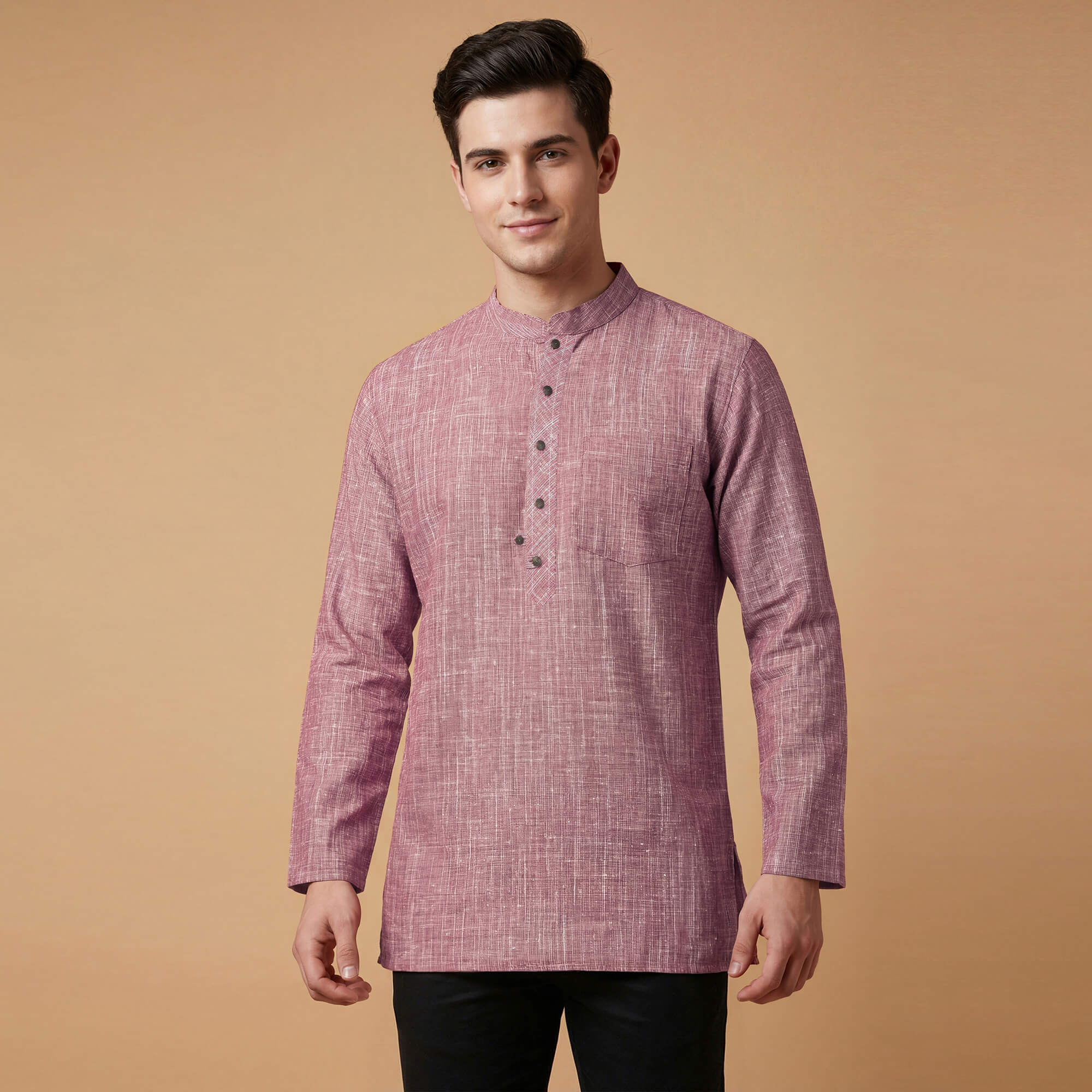 Red cotton handloom textured men short kurta