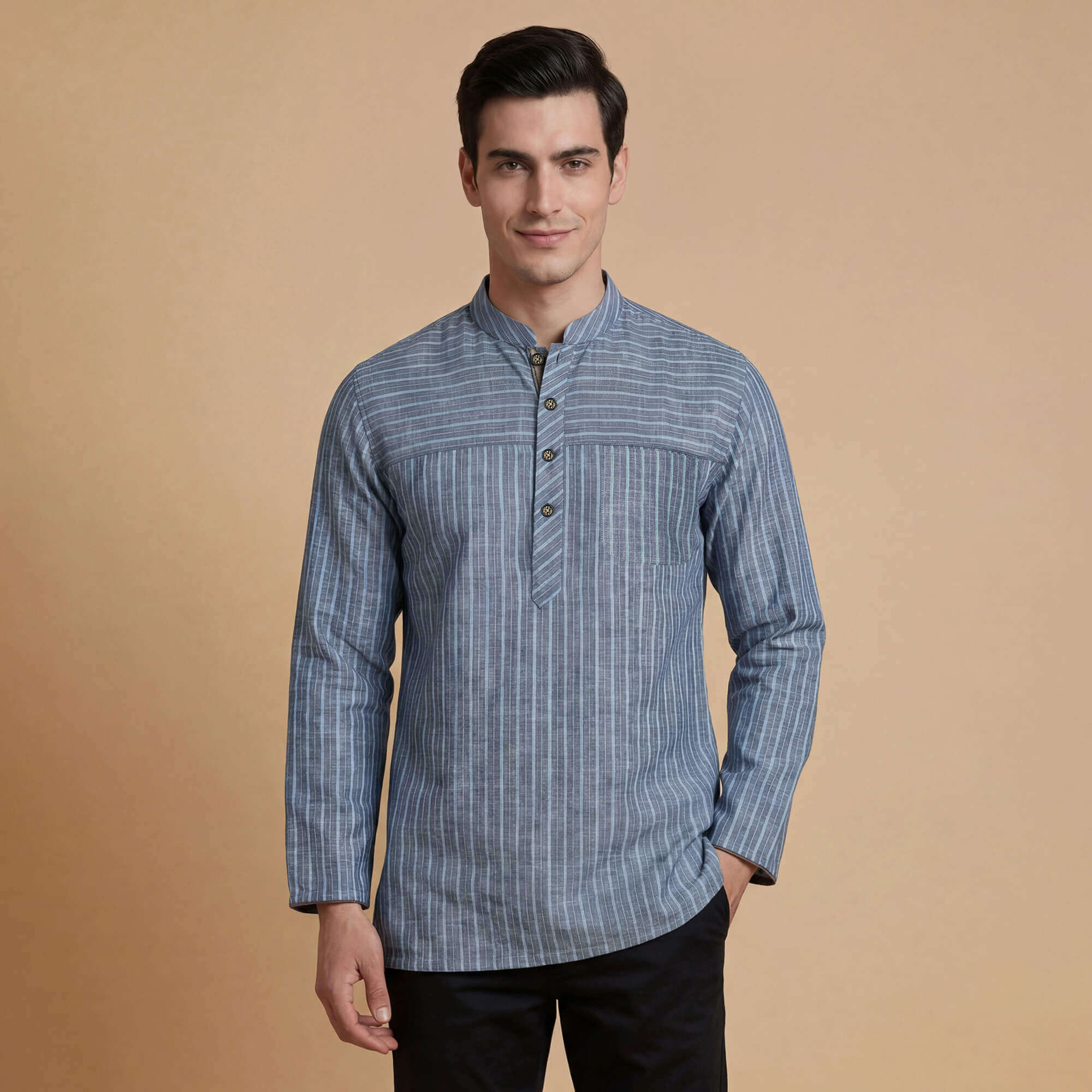 Grey with sky blue stripes cotton blended men short kurta - Image 2