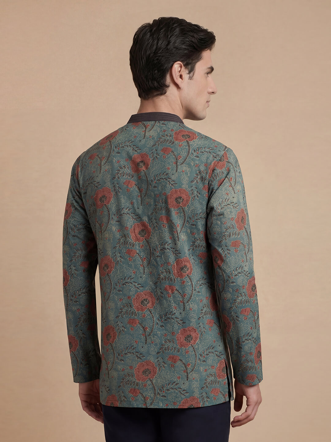 Grey color cotton ajrakh veg dye hand block printed men short kurta - Image 3