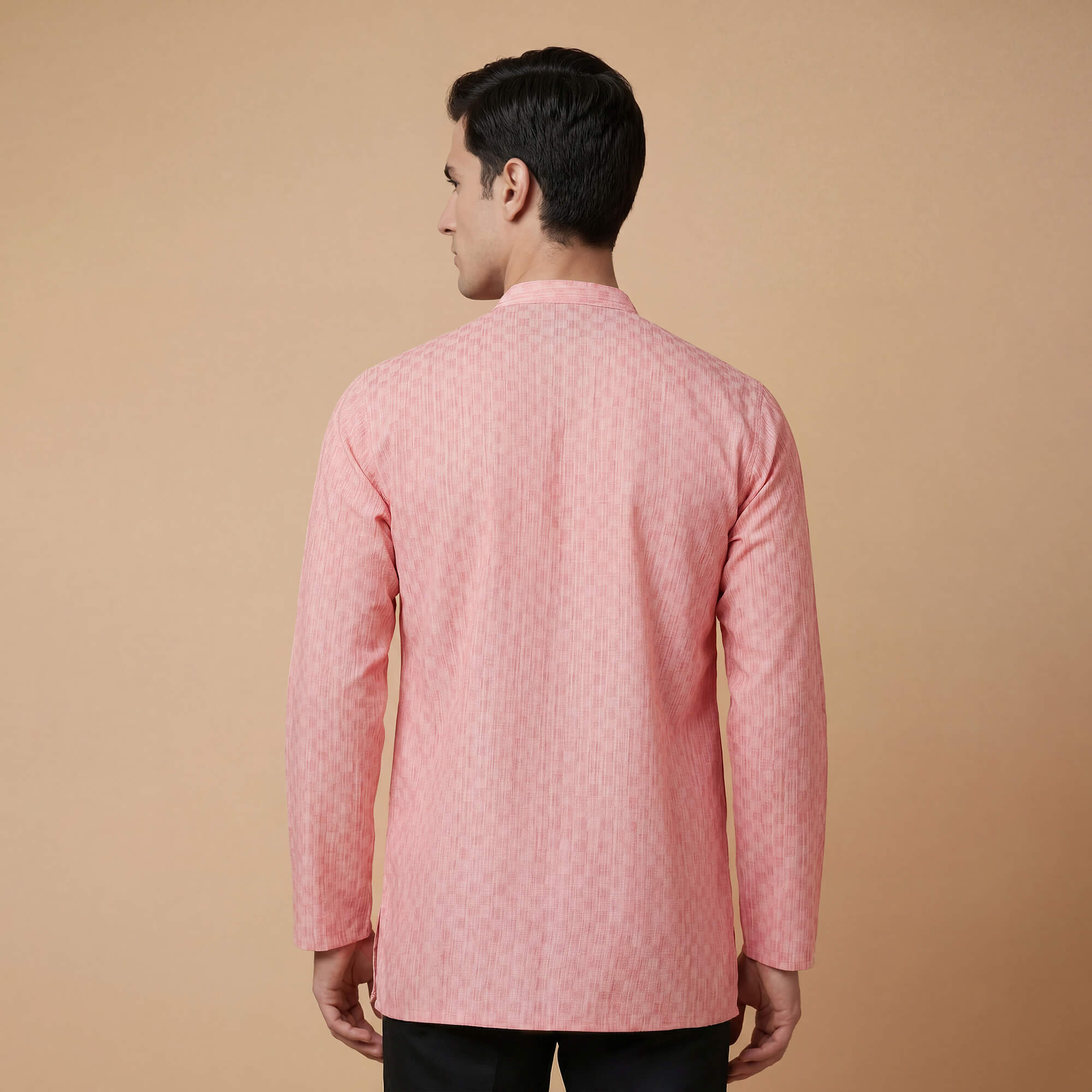 Pink peach cotton blended dobby texture men short kurta - Image 2
