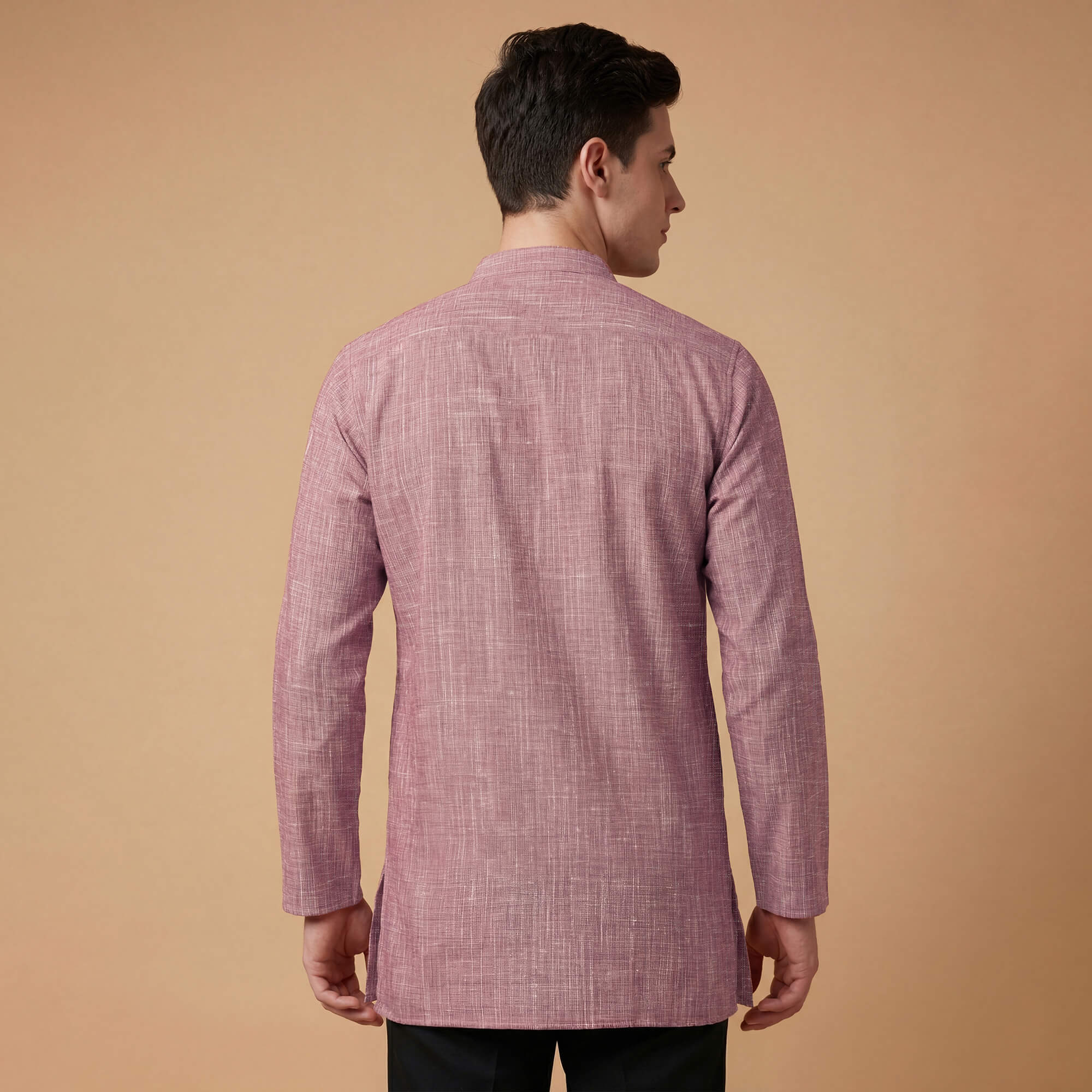 Red cotton handloom textured men short kurta - Image 3
