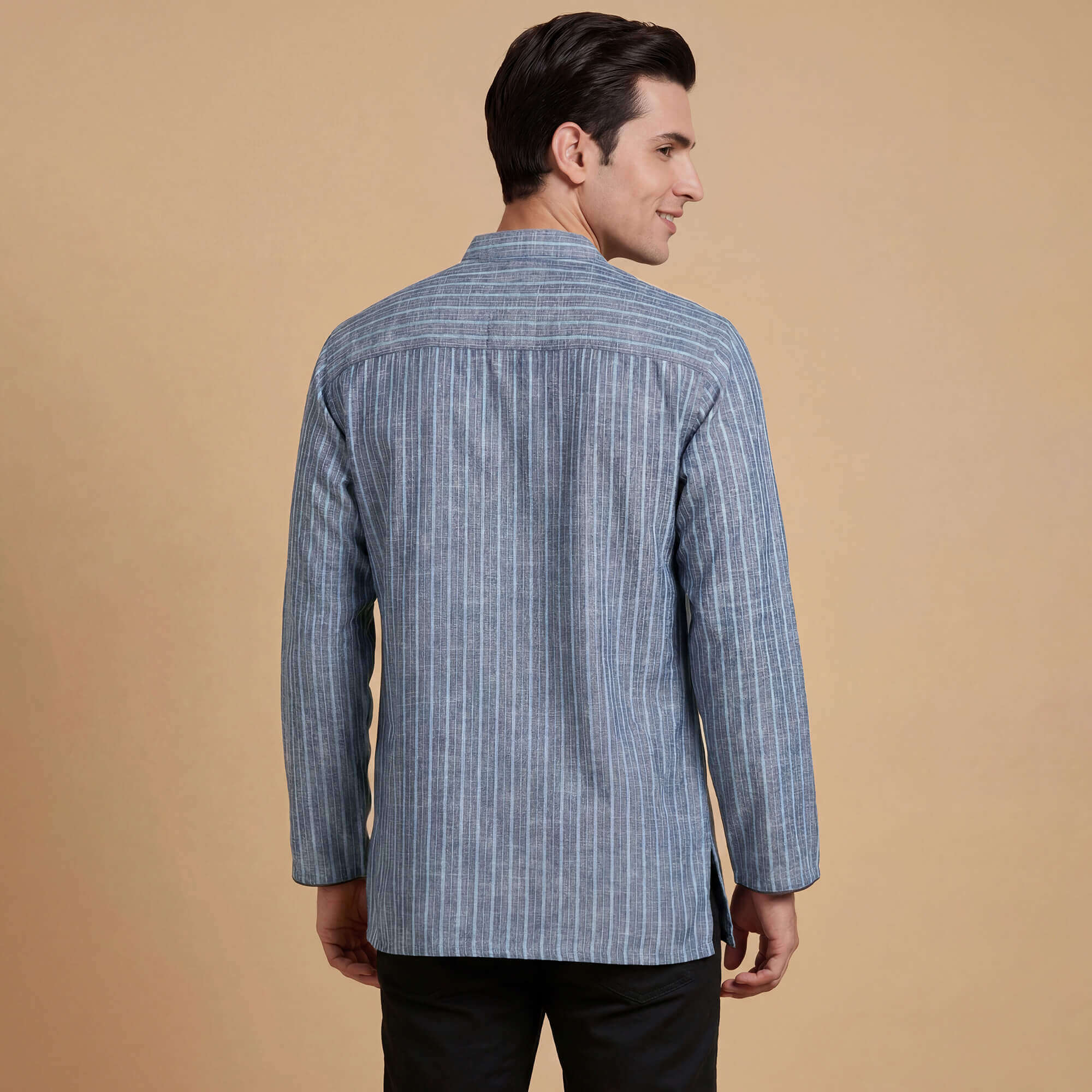 Grey with sky blue stripes cotton blended men short kurta - Image 4