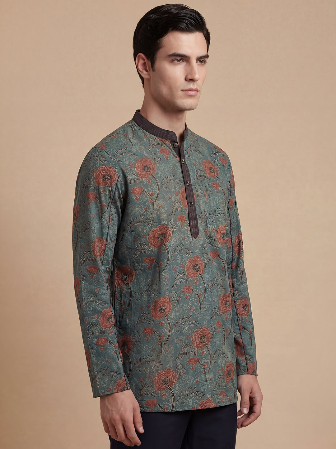 Grey color cotton ajrakh veg dye hand block printed men short kurta - Image 2