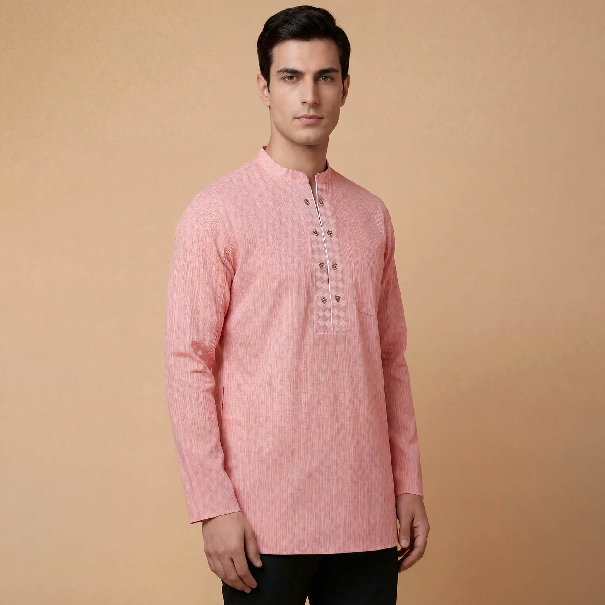 Pink peach cotton blended dobby texture men short kurta - Image 3