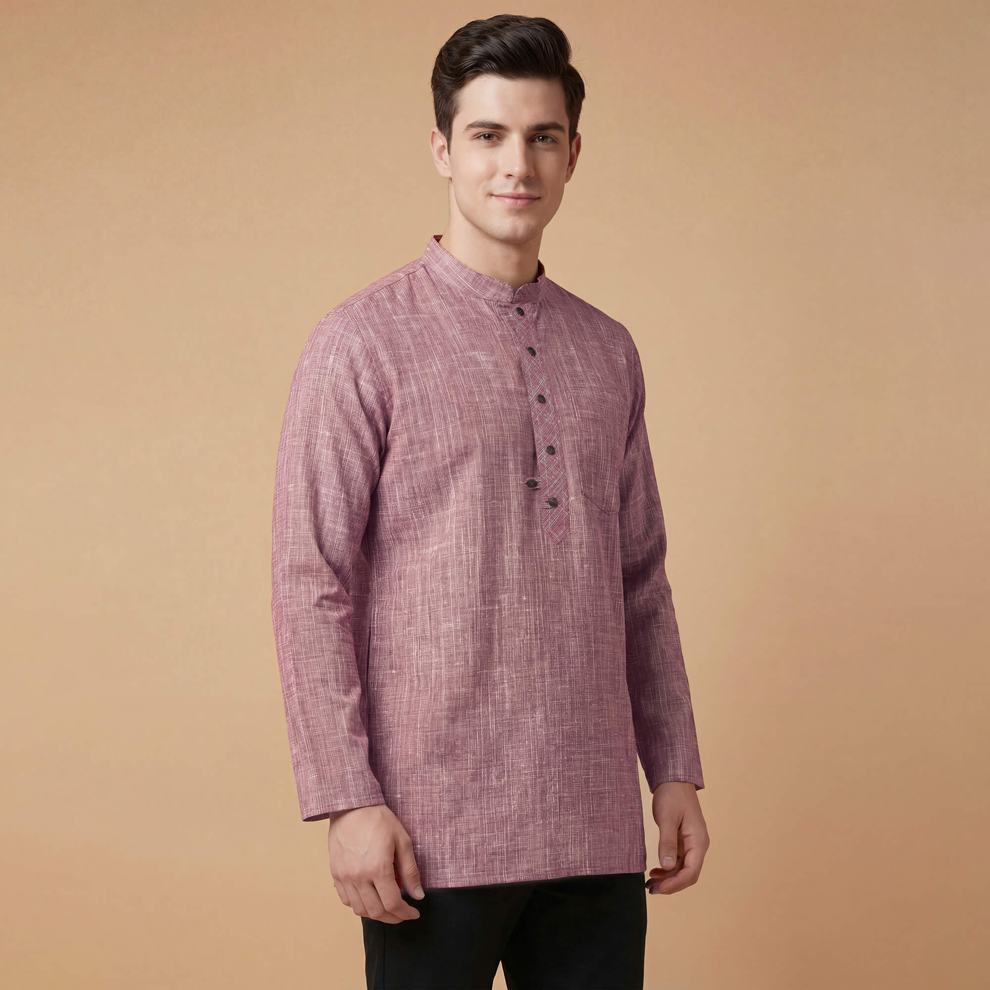 Red cotton handloom textured men short kurta - Image 4