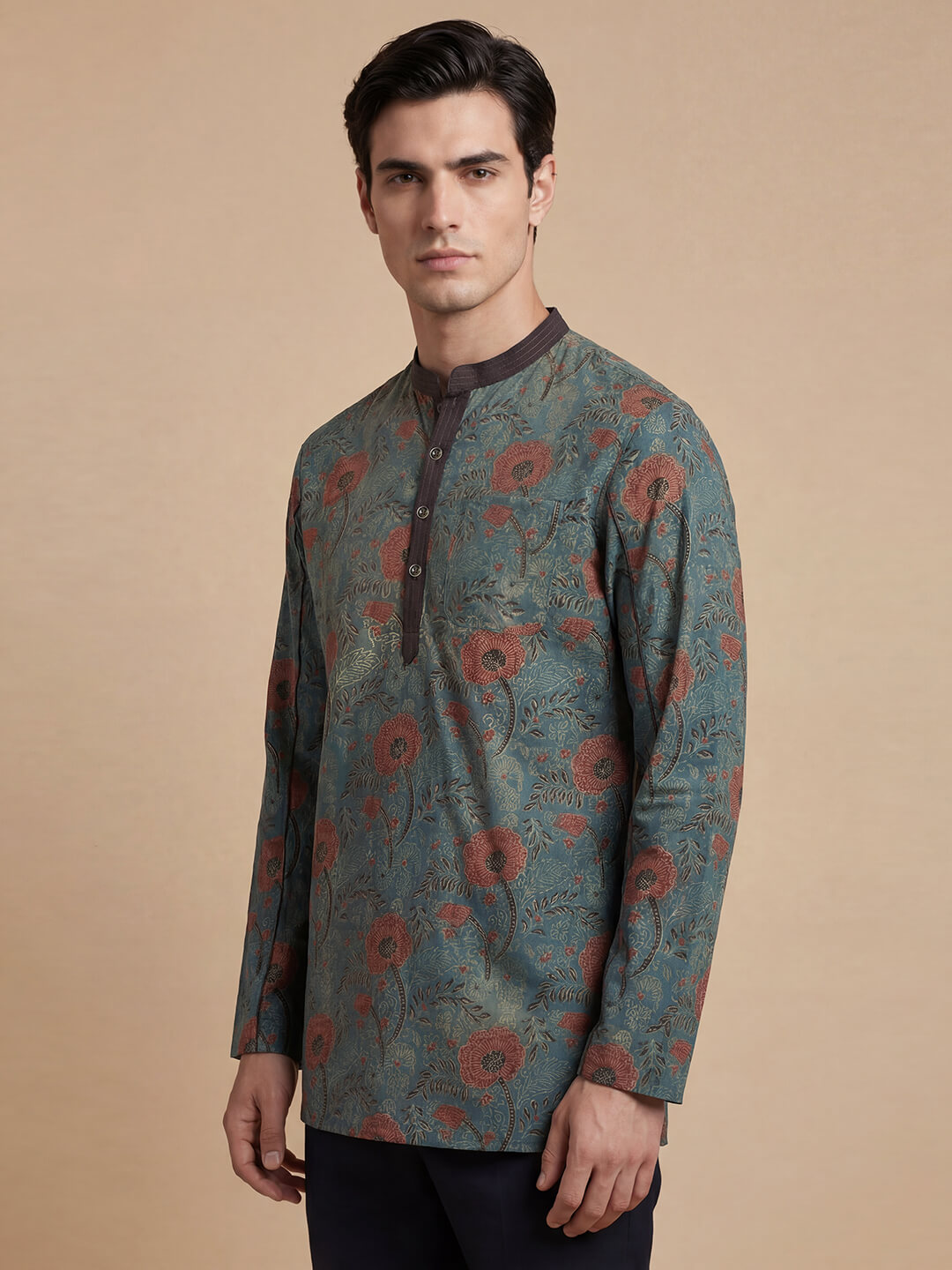 Grey color cotton ajrakh veg dye hand block printed men short kurta - Image 4