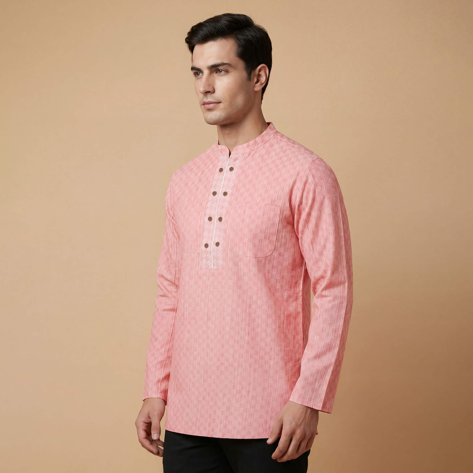Pink peach cotton blended dobby texture men short kurta - Image 4