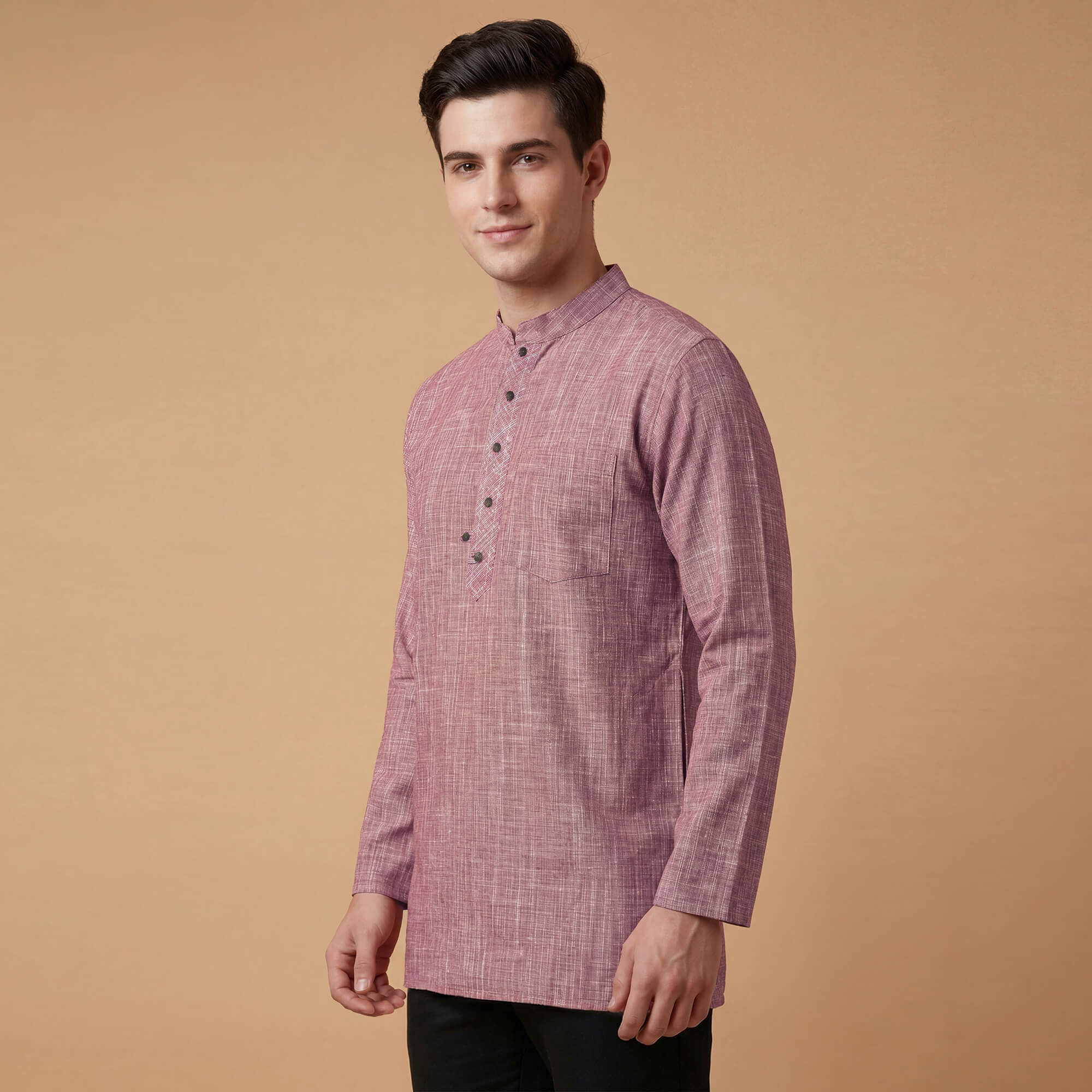 Red cotton handloom textured men short kurta - Image 5