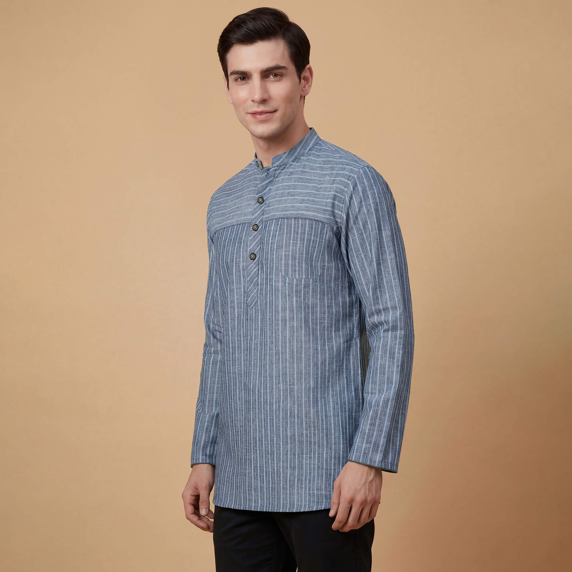 Grey with sky blue stripes cotton blended men short kurta - Image 5