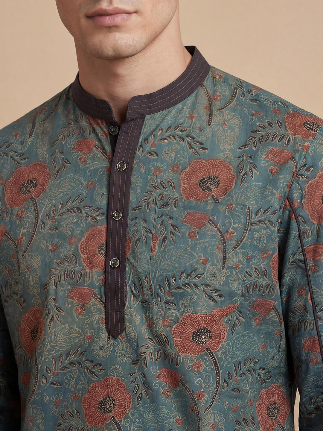 Grey color cotton ajrakh veg dye hand block printed men short kurta - Image 5