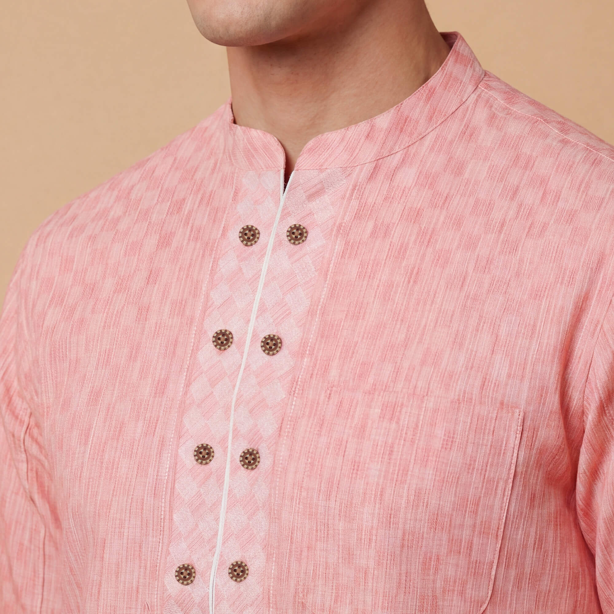 Pink peach cotton blended dobby texture men short kurta - Image 5