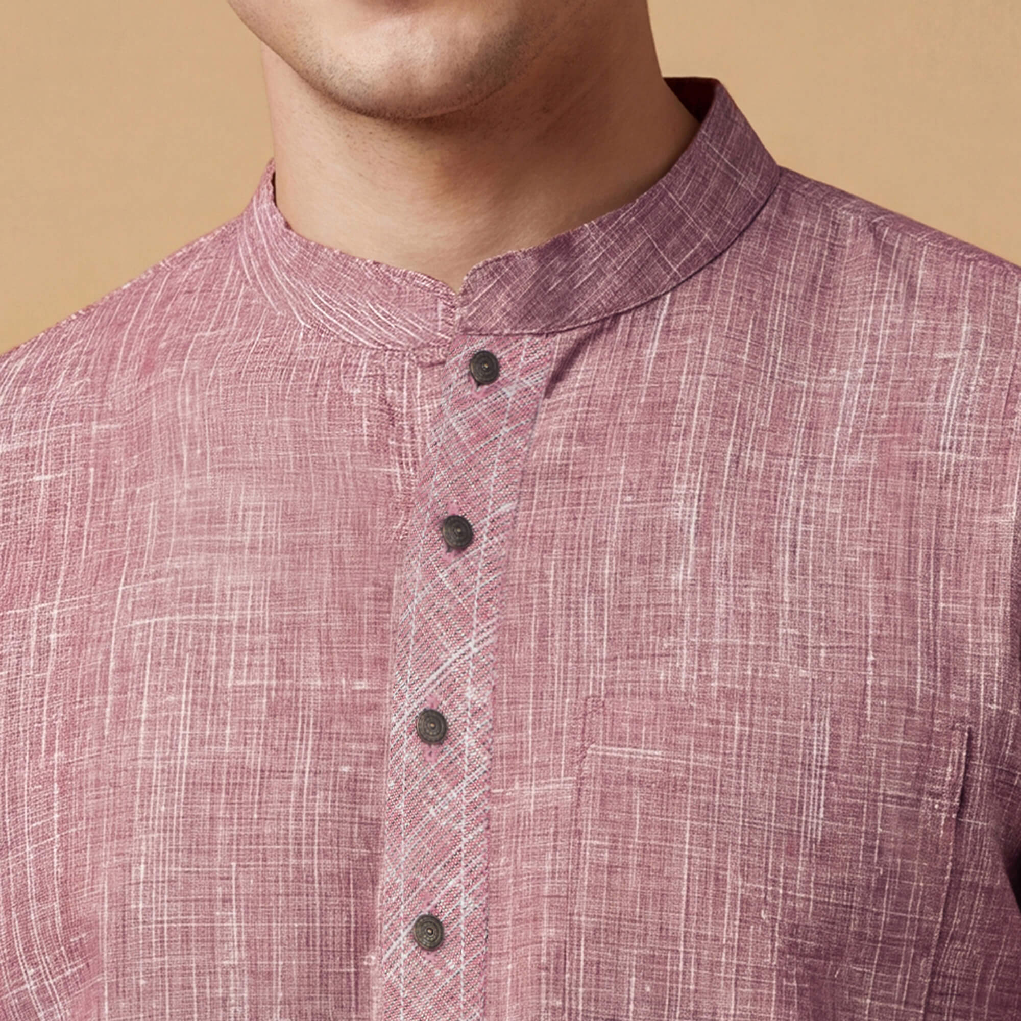 Red cotton handloom textured men short kurta - Image 6