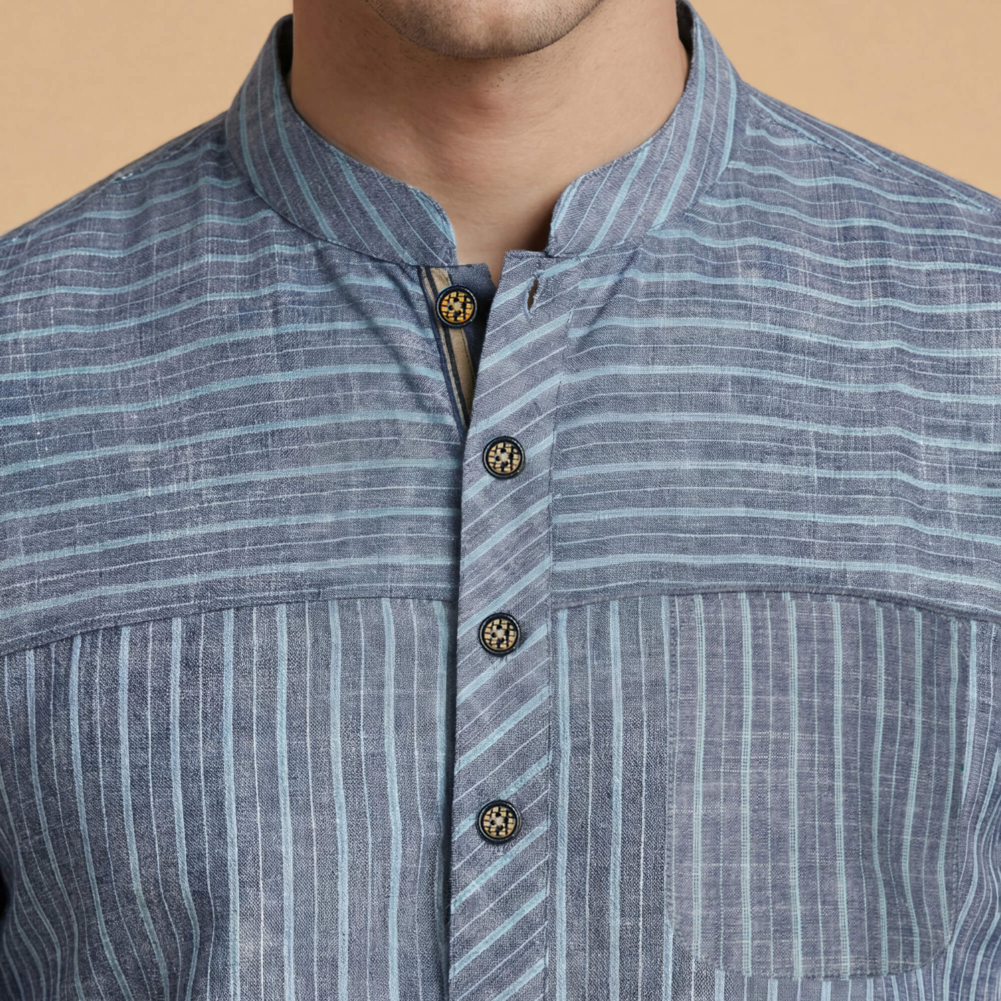 Grey with sky blue stripes cotton blended men short kurta - Image 6