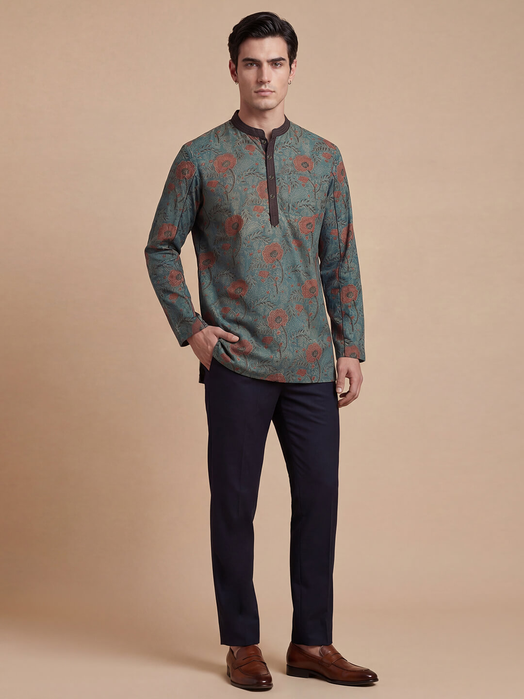 Grey color cotton ajrakh veg dye hand block printed men short kurta - Image 6