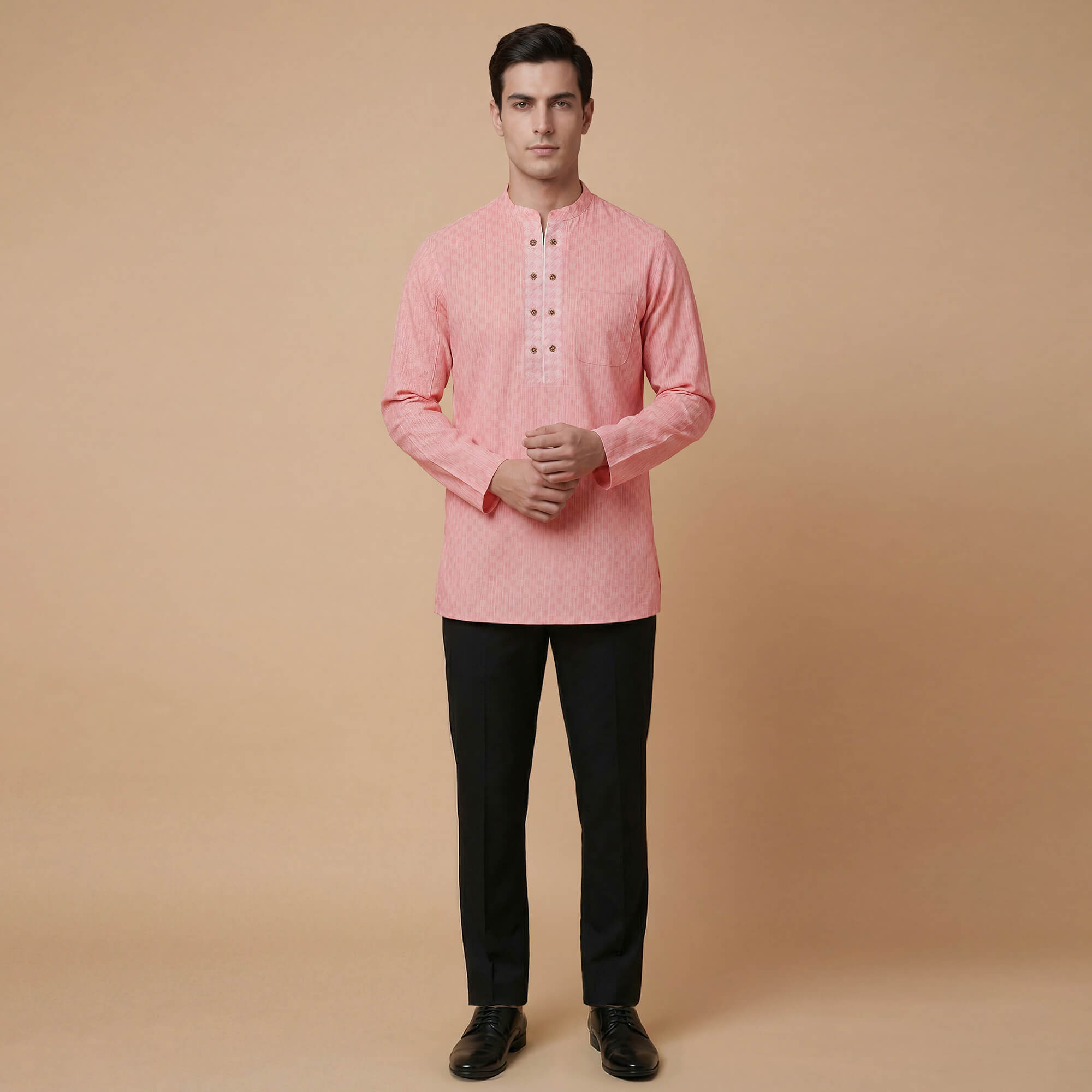 Pink peach cotton blended dobby texture men short kurta - Image 6