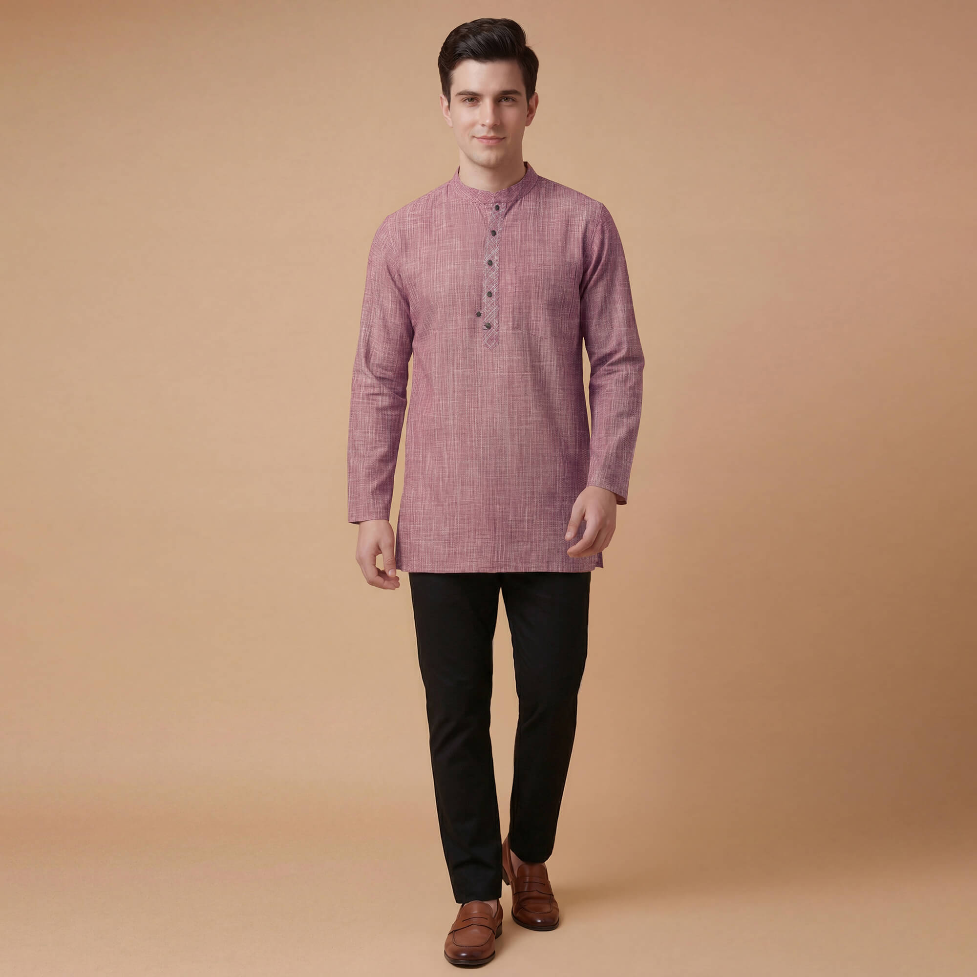 Red cotton handloom textured men short kurta - Image 7