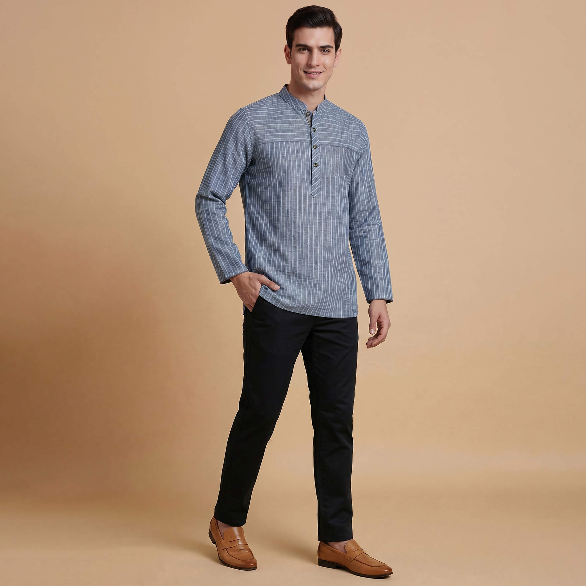 Grey with sky blue stripes cotton blended men short kurta - Image 7