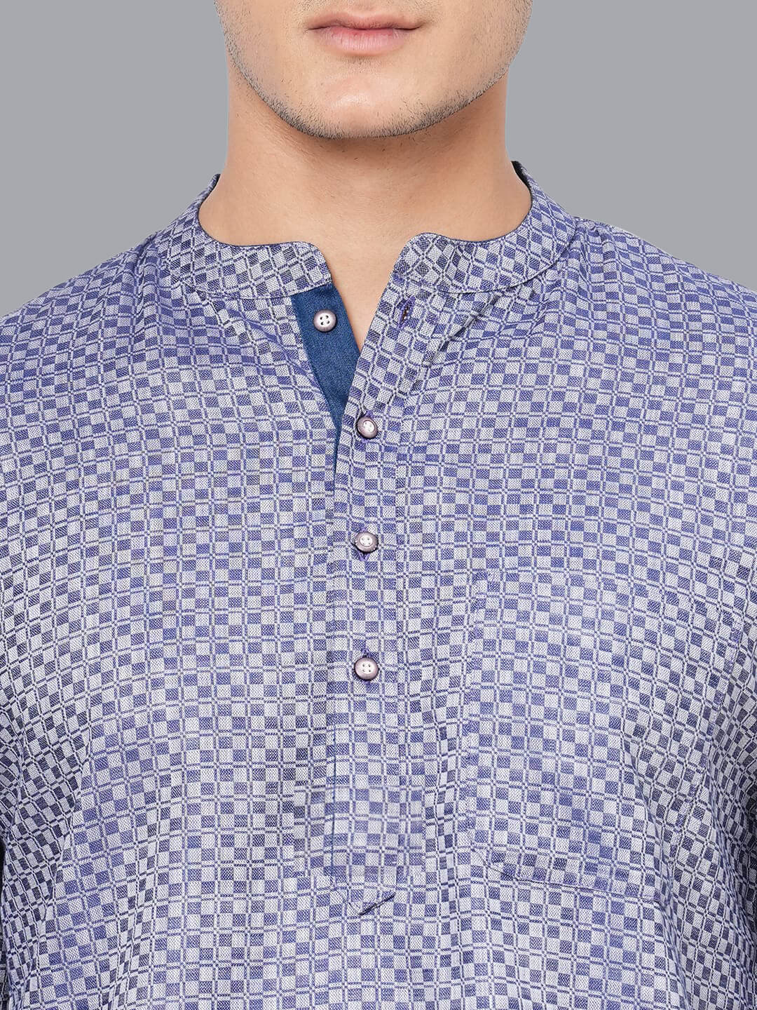 Sky blue cotton checkers men short kurta - Image 5