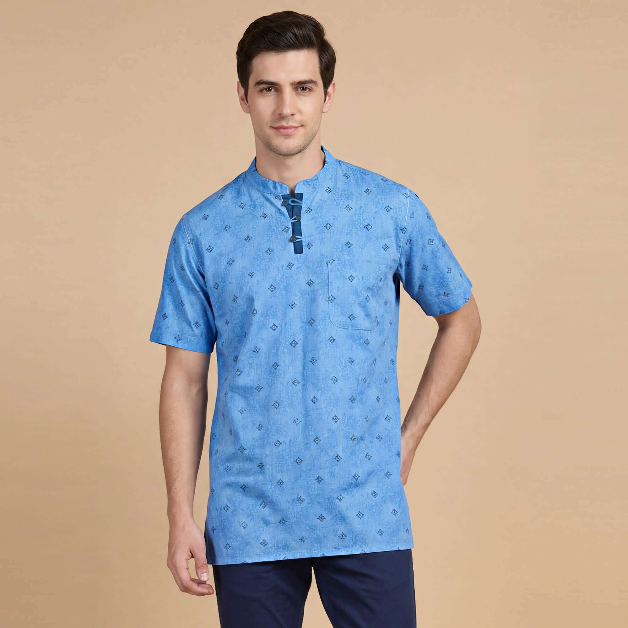 Light blue black printed cotton blended soft feel, loop buttons half sleeve men kurta (Copy)