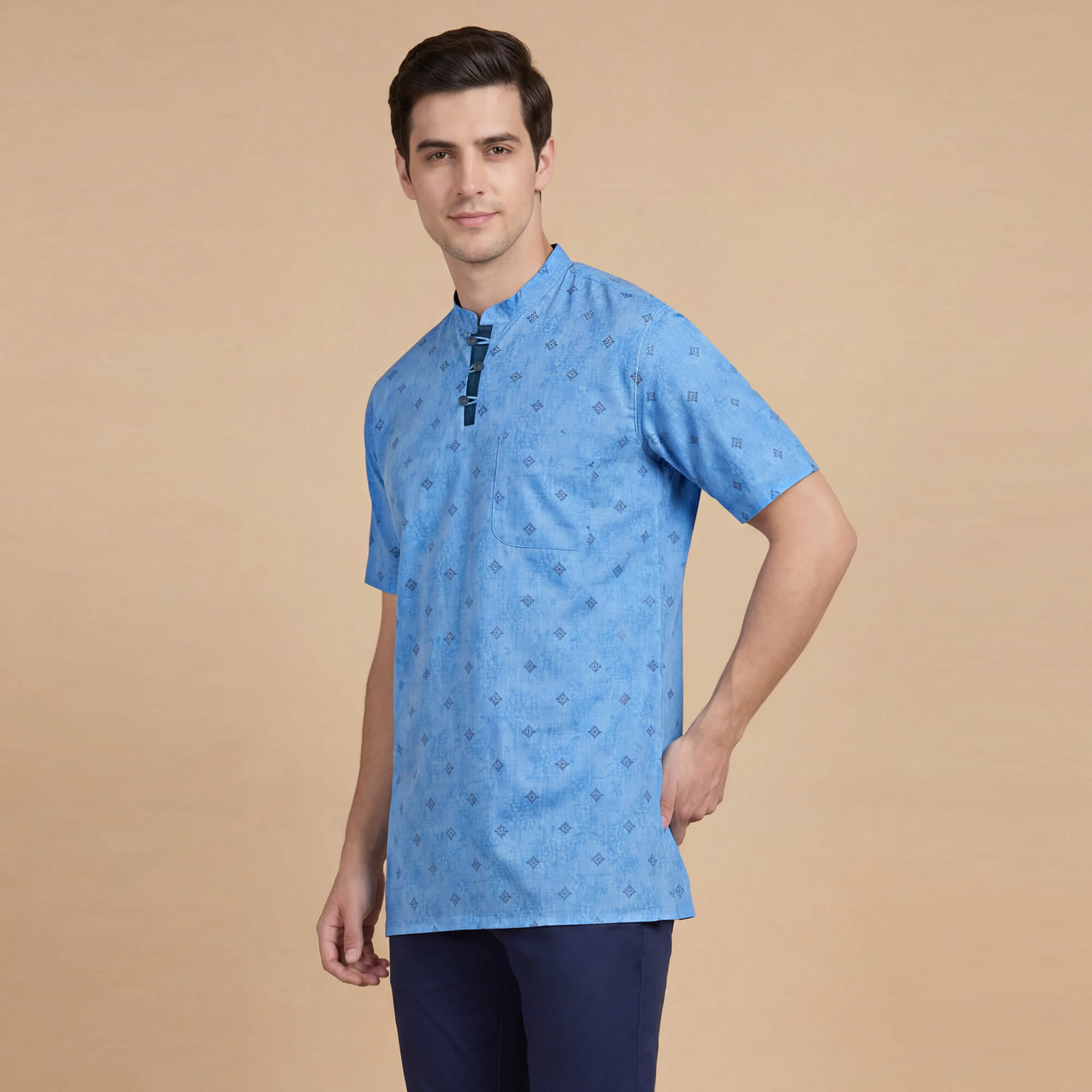 Light blue black printed cotton blended soft feel, loop buttons half sleeve men kurta - Image 5