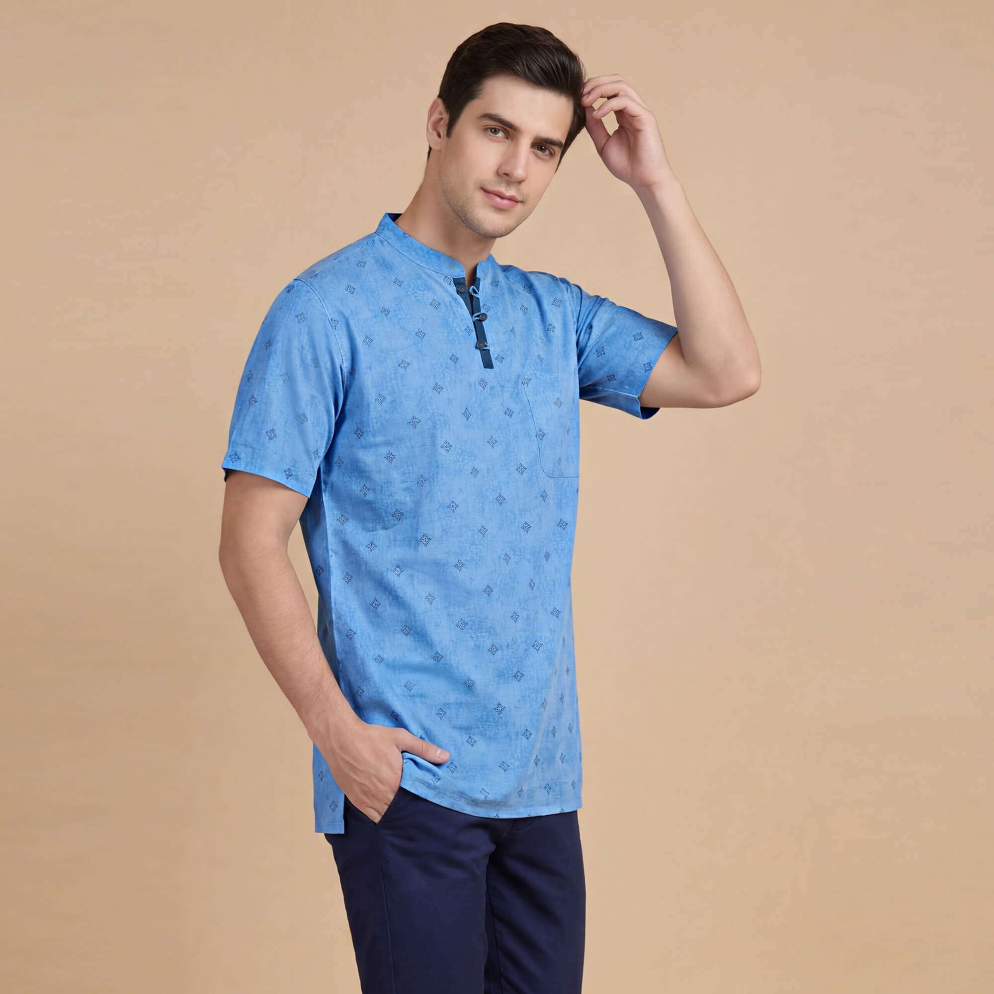 Light blue black printed cotton blended soft feel, loop buttons half sleeve men kurta - Image 3