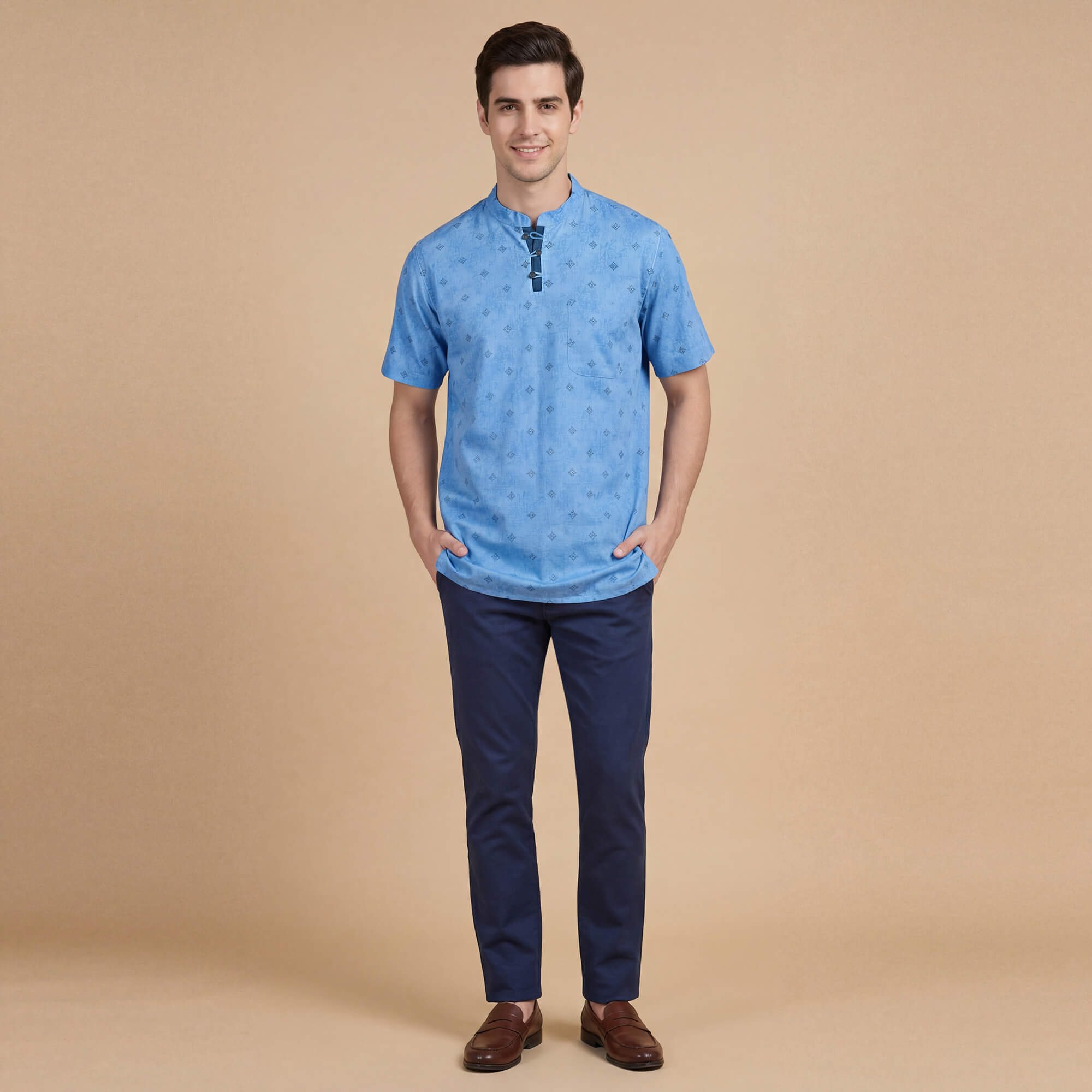 Light blue black printed cotton blended soft feel, loop buttons half sleeve men kurta - Image 2