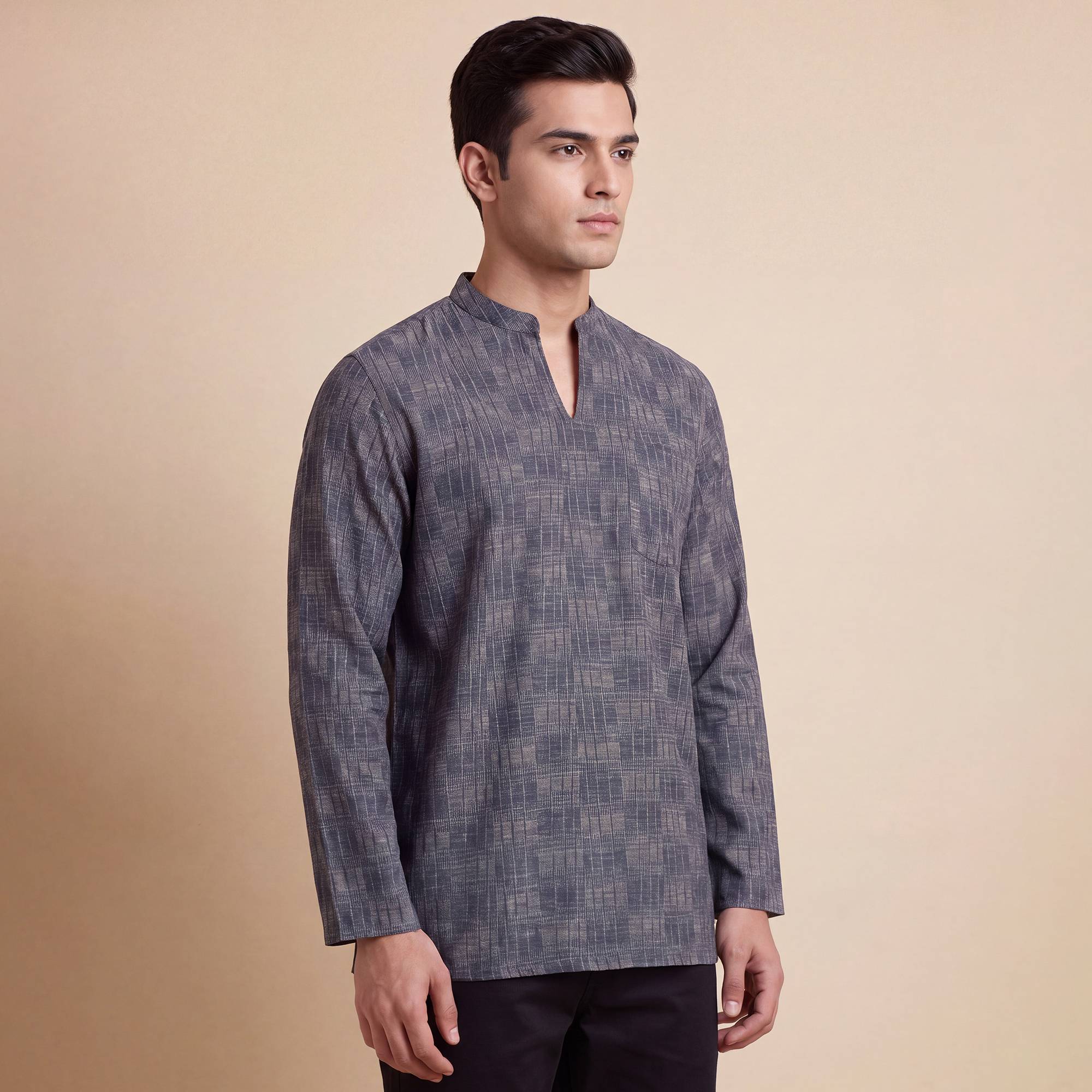 Grey black cotton printed slide sleeves style men short kurta - Image 2