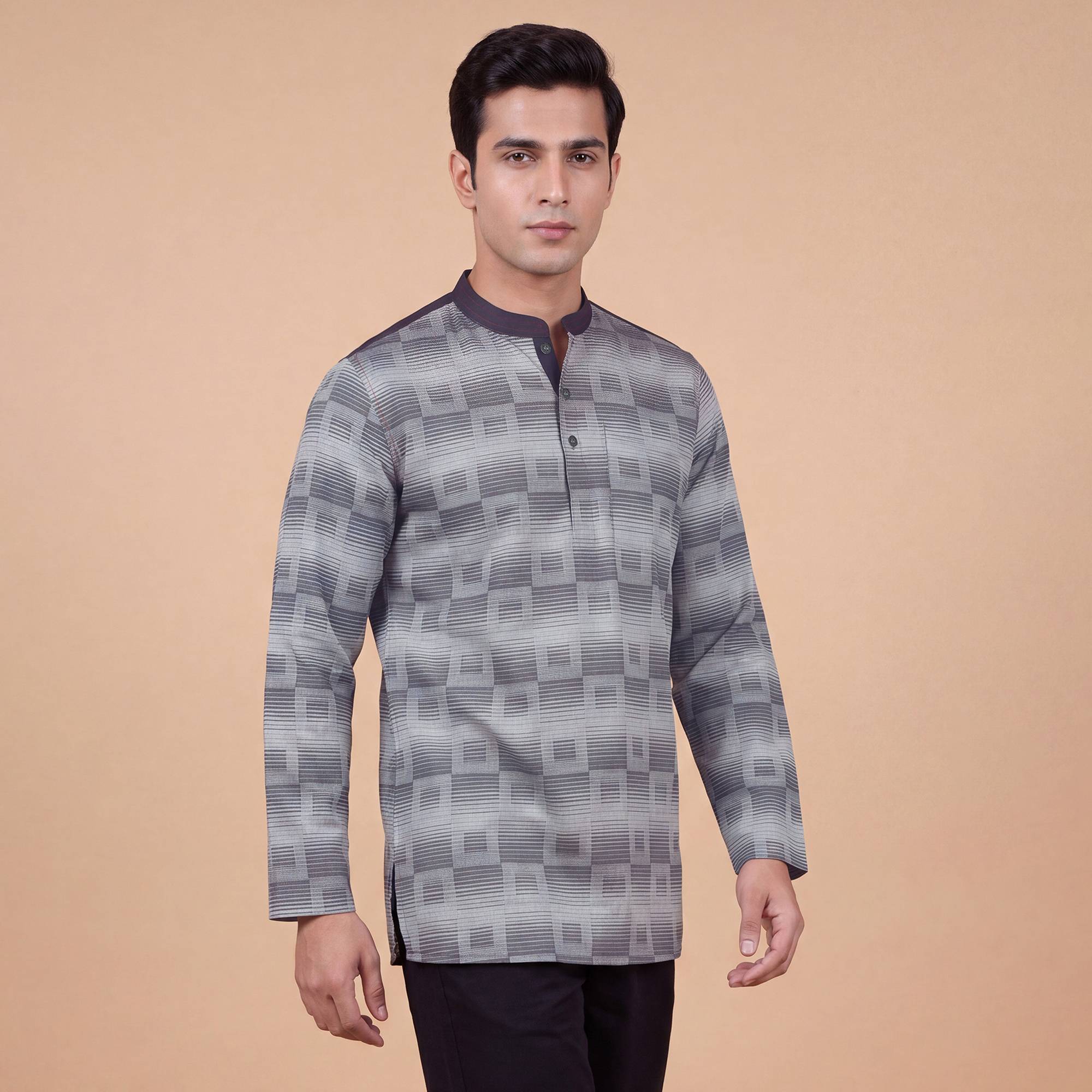 Grey blue cotton square design denim collar men short kurta - Image 2