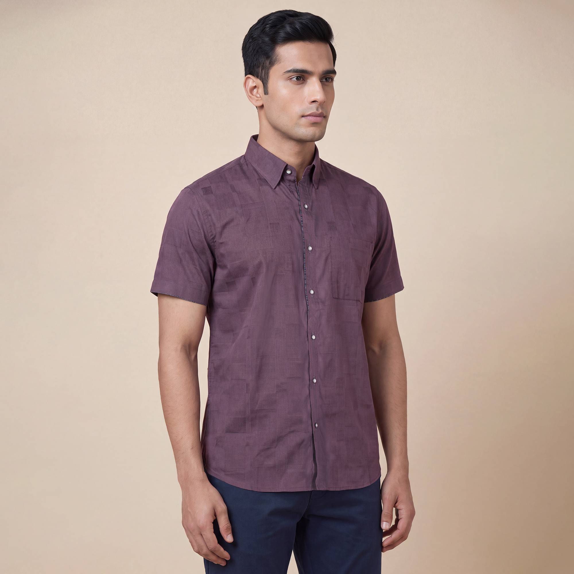 Brown cotton checks dobby weave men half sleeves shirt - Image 2