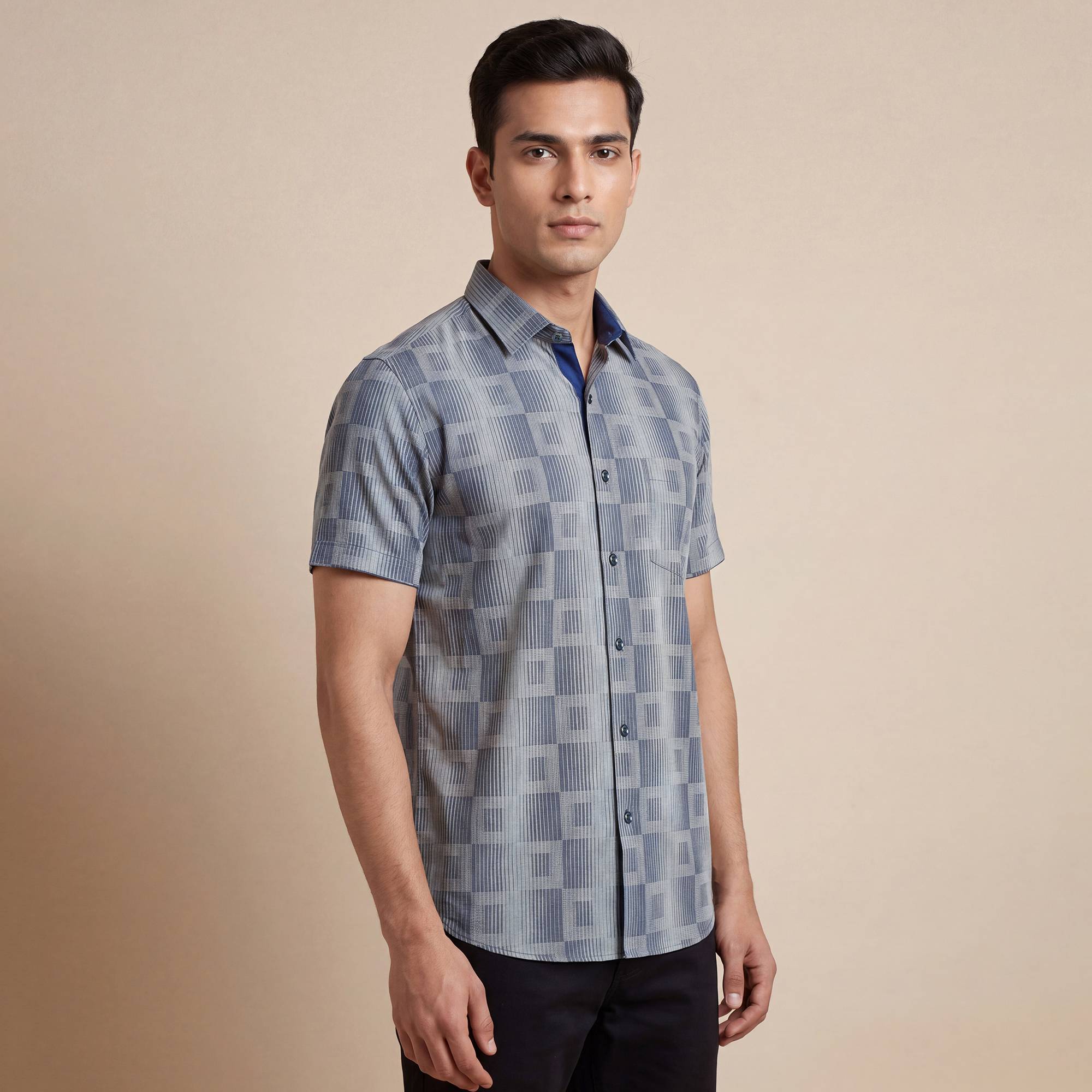 Grey and blue cotton square design men half sleeves shirt - Image 2