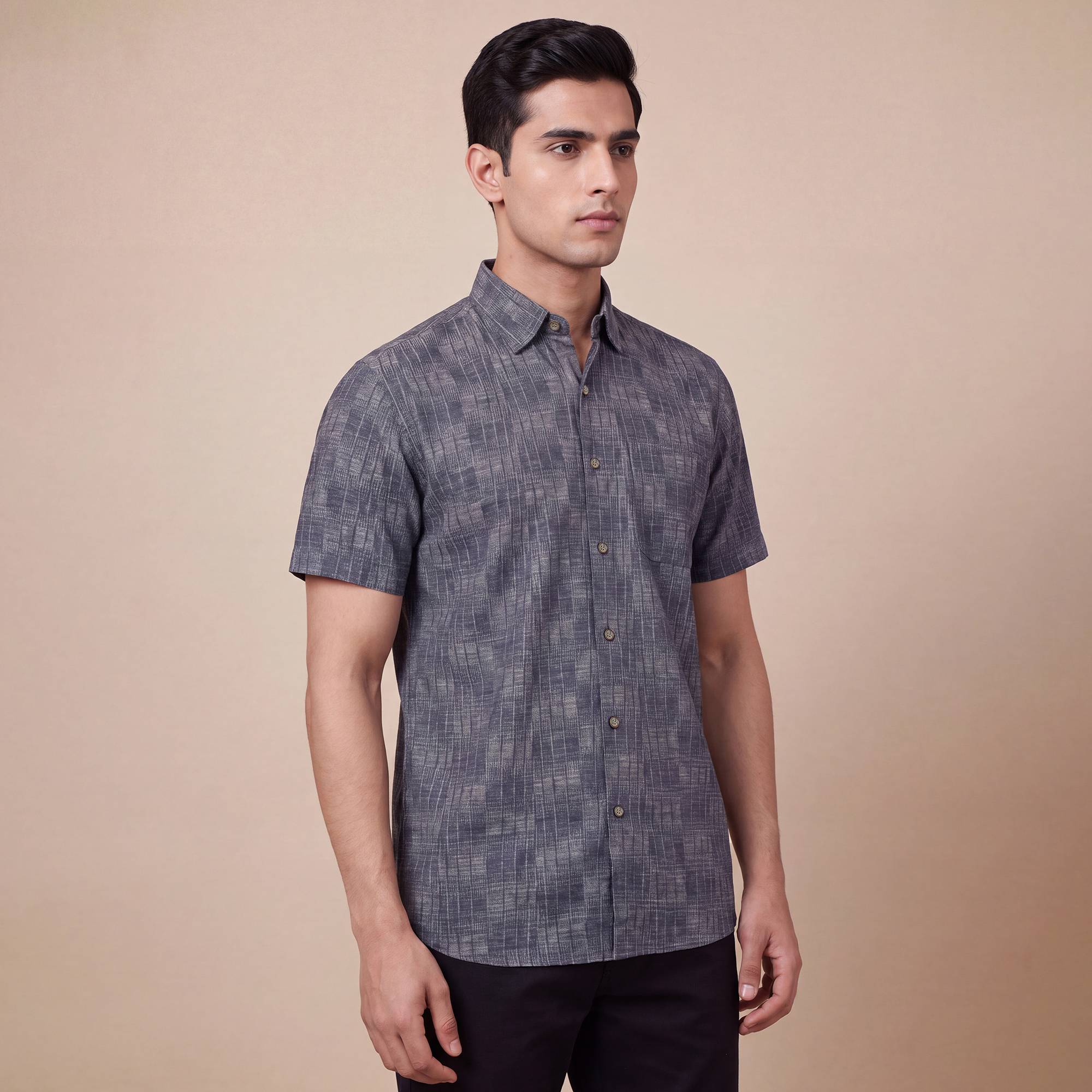 Dark grey cotton stripes design men half sleeves shirt - Image 2