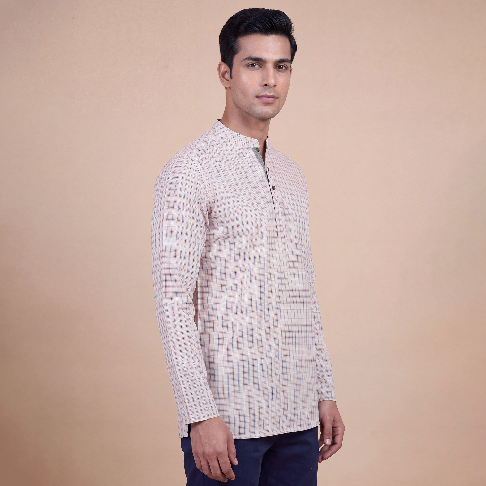 White cotton with orange & black checks men short kurta - Image 2