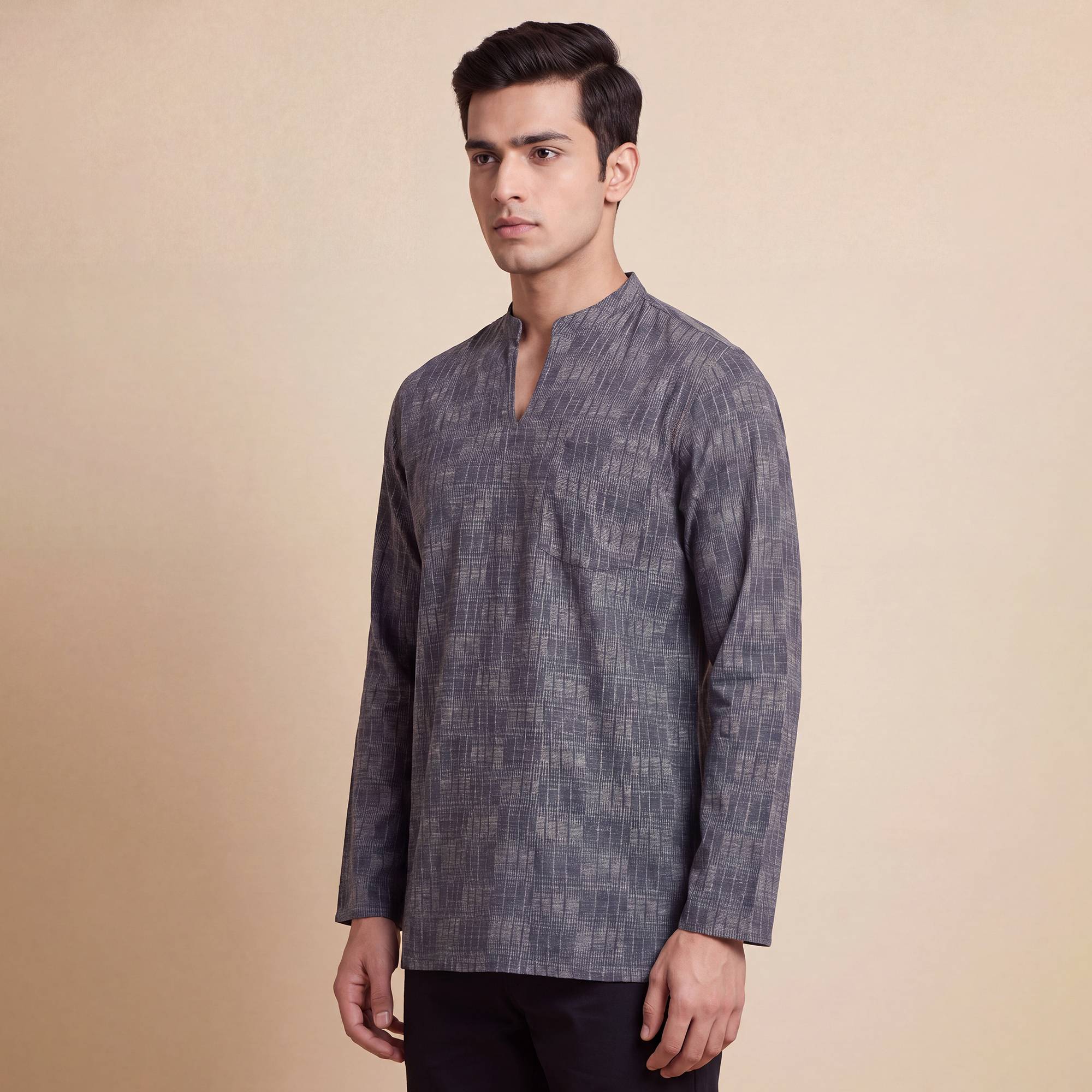 Grey black cotton printed slide sleeves style men short kurta - Image 3