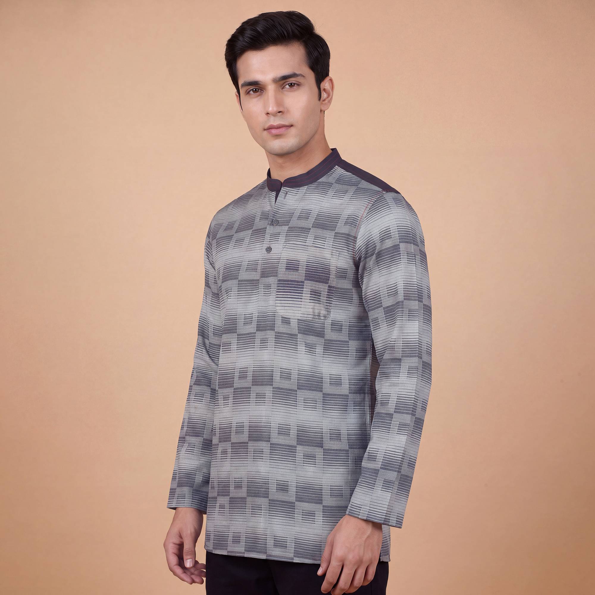 Grey blue cotton square design denim collar men short kurta - Image 3