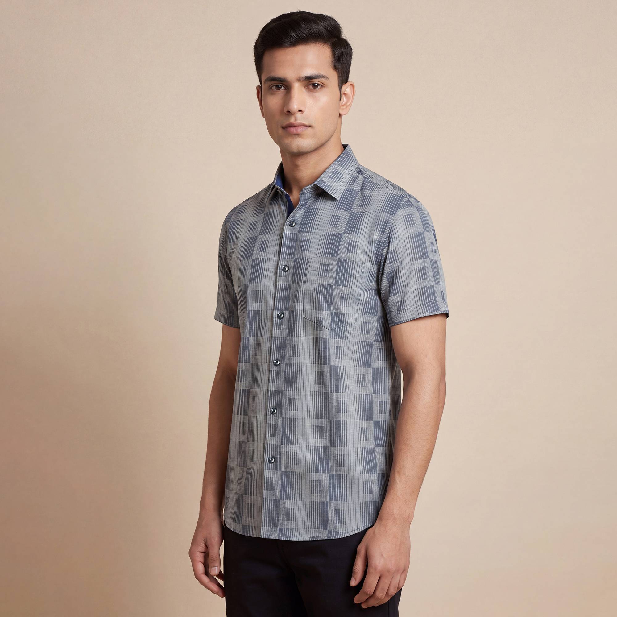 Grey and blue cotton square design men half sleeves shirt - Image 3