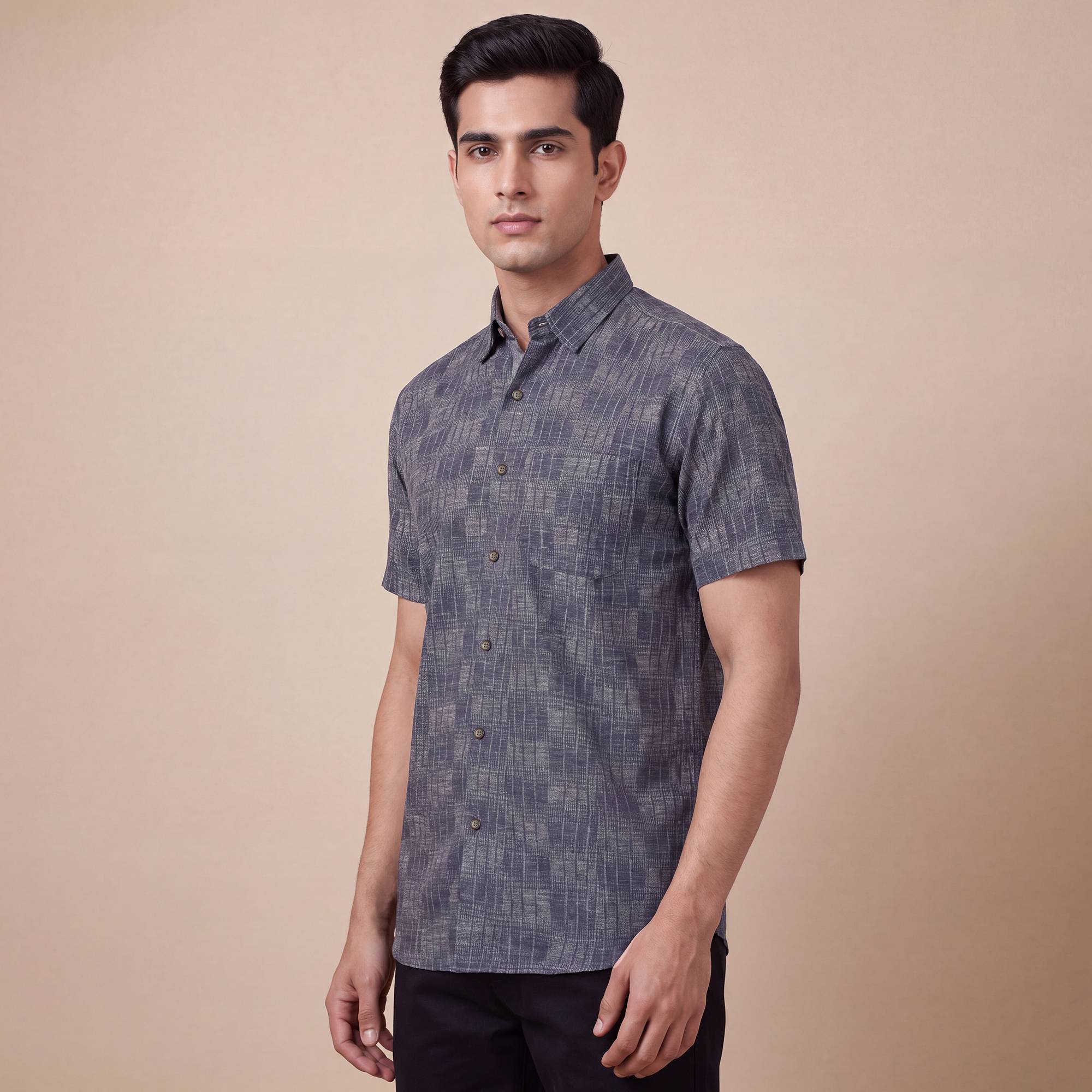 Dark grey cotton stripes design men half sleeves shirt - Image 3