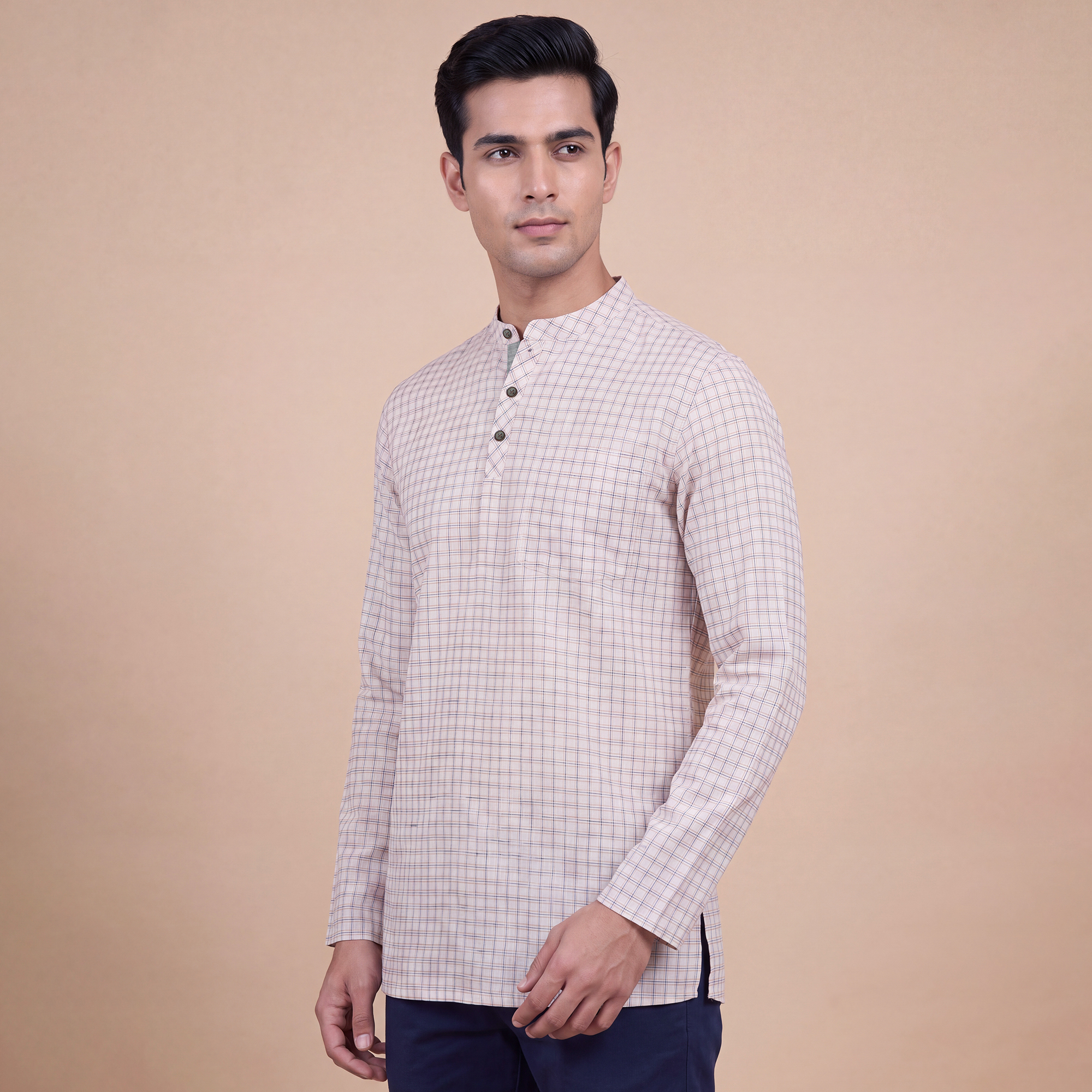 White cotton with orange & black checks men short kurta - Image 3