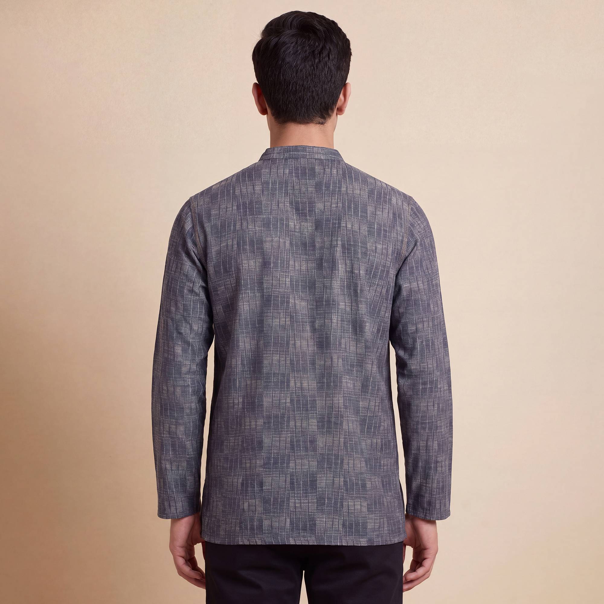 Grey black cotton printed slide sleeves style men short kurta - Image 4