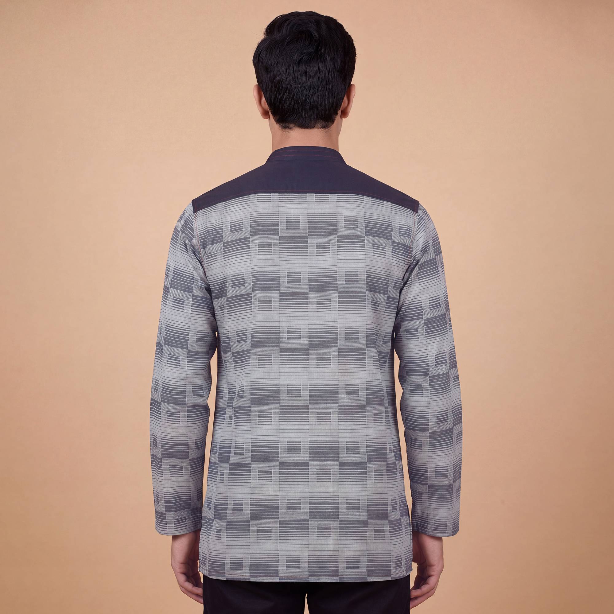 Grey blue cotton square design denim collar men short kurta - Image 4