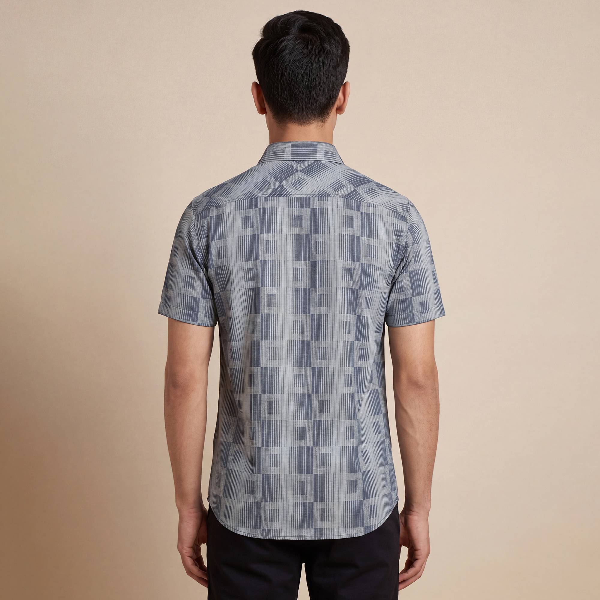 Grey and blue cotton square design men half sleeves shirt - Image 4