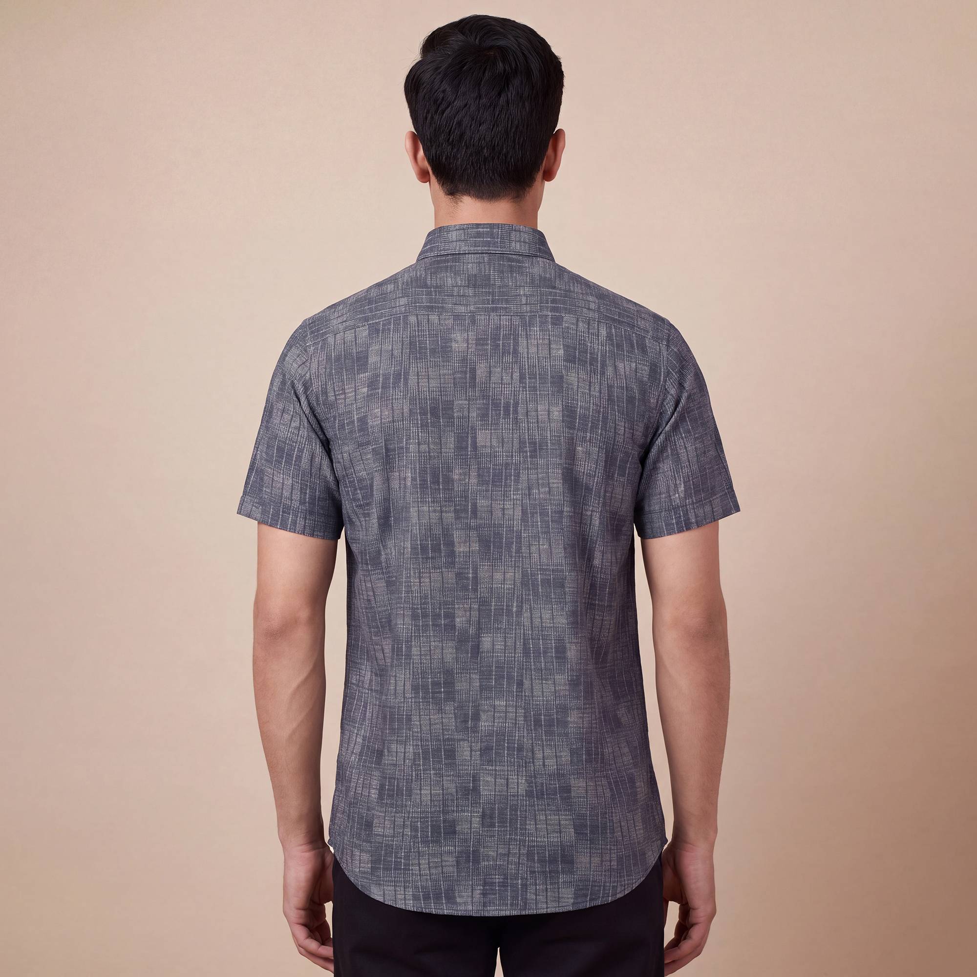 Dark grey cotton stripes design men half sleeves shirt - Image 4